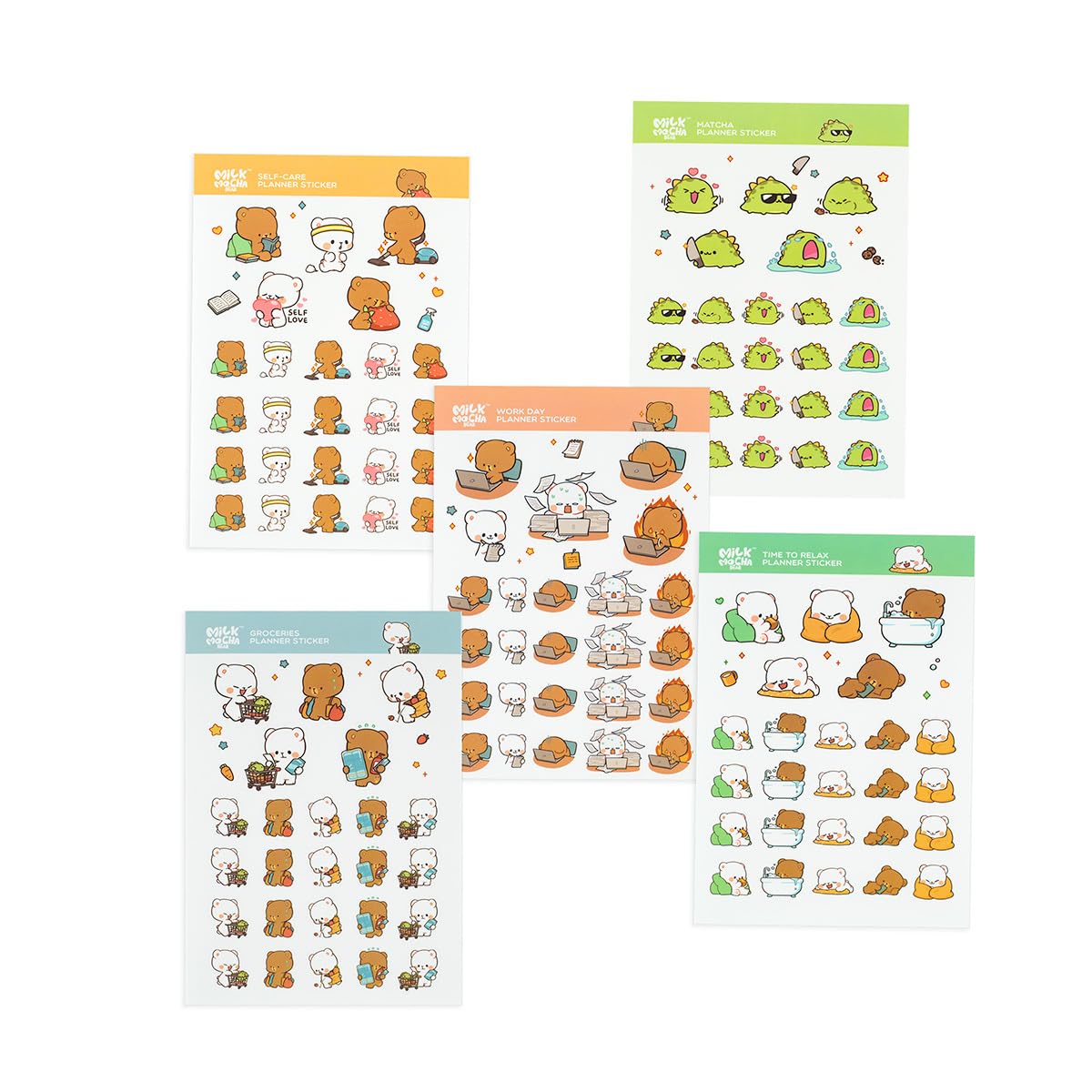 Milkmochabear 5-Pack Planner Sticker Sheets Authentic Merchandise 250 Stickers Cute Adorable Milk Mocha Matcha 2024 Collection Stationary for Planners