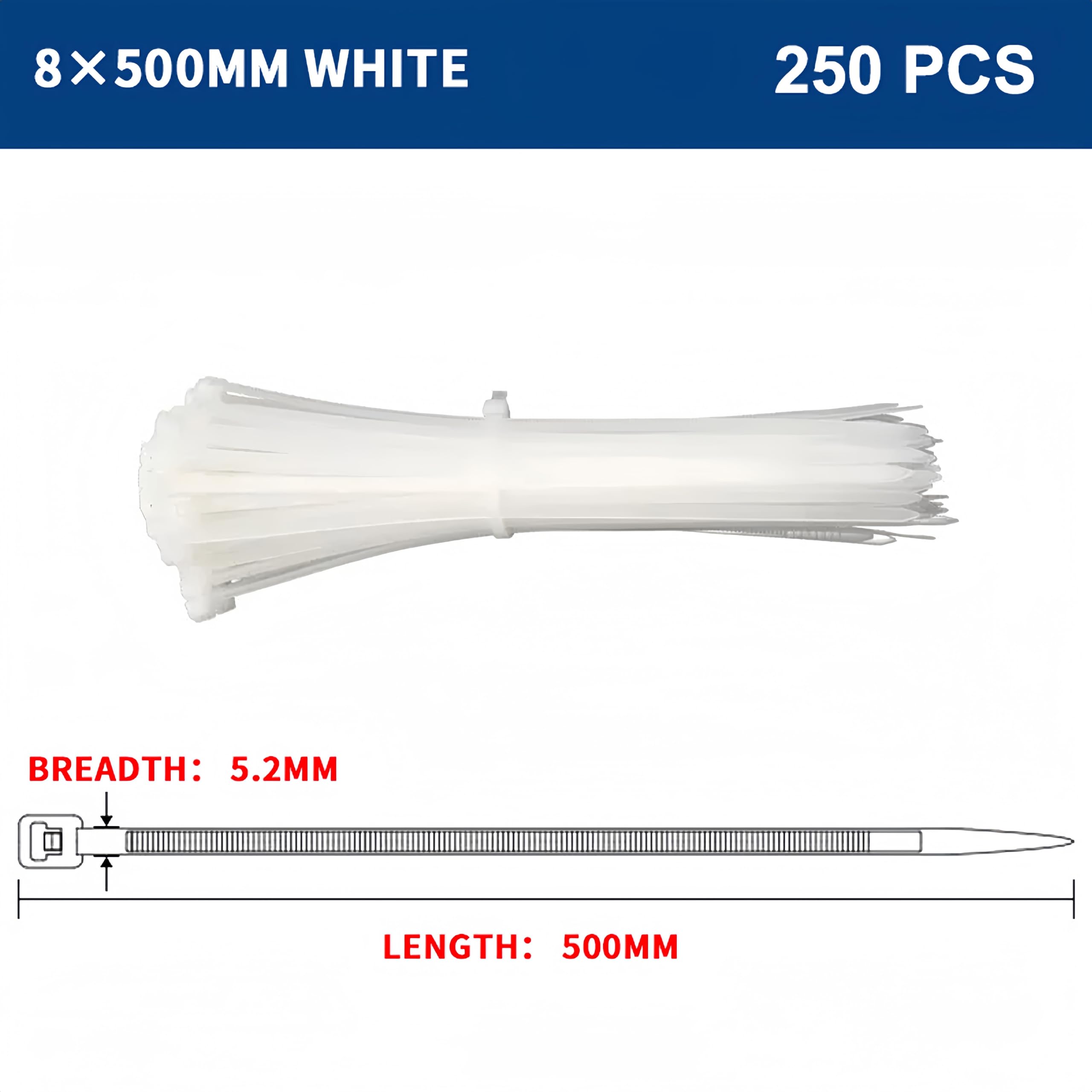 Juego de 1000/250 bridas de nailon blanco autoblocante para cables de 3 x 100, 3 x 150, 4 x 200 cables de suministro industrial (8 x 500 mm, 10 unidades)