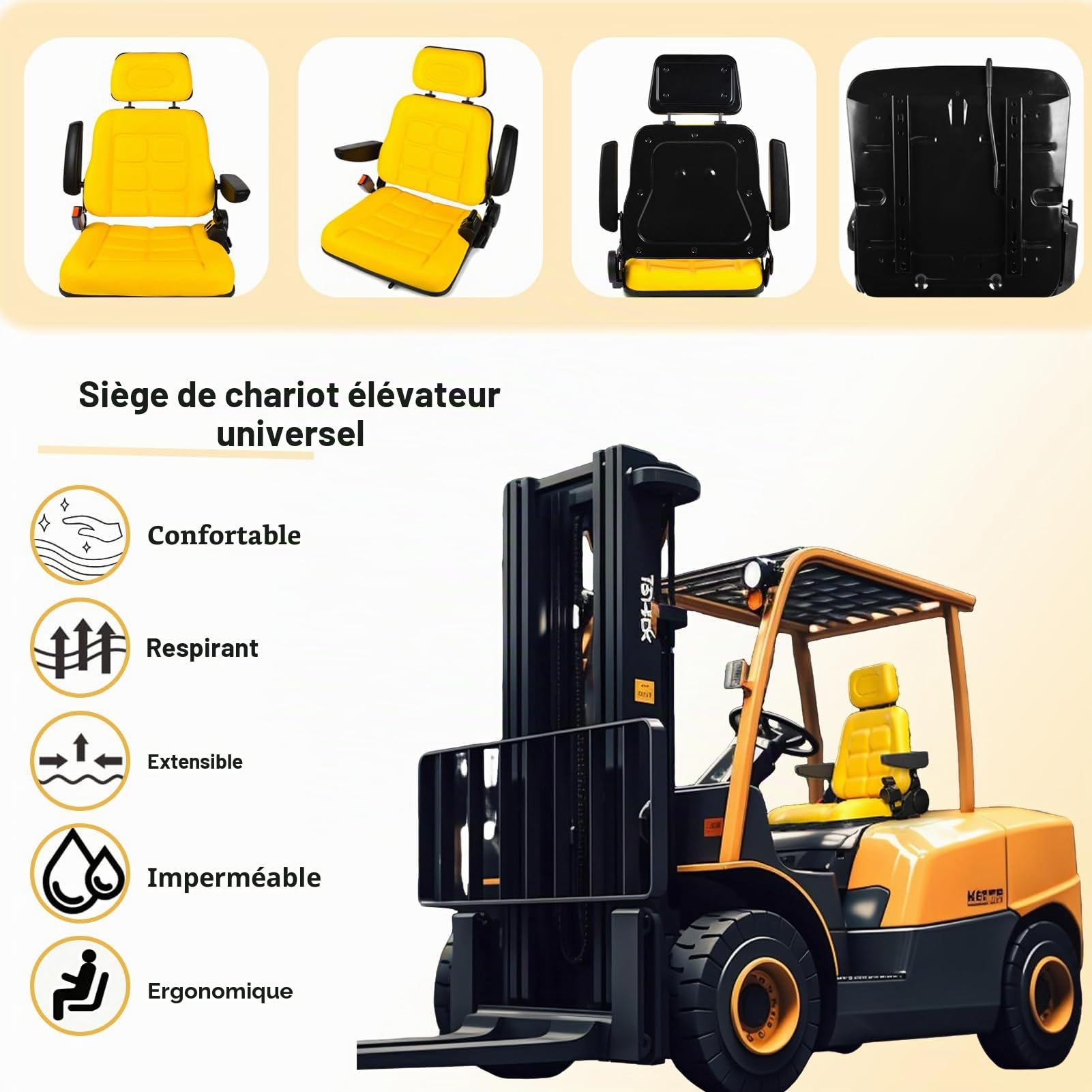 siège de chariot élévateur universel avec dossier réglable, tracteur en PVC avec ceinture de sécurité auto-rebondissante, tondeuse à gazon jaune avec appui-tête