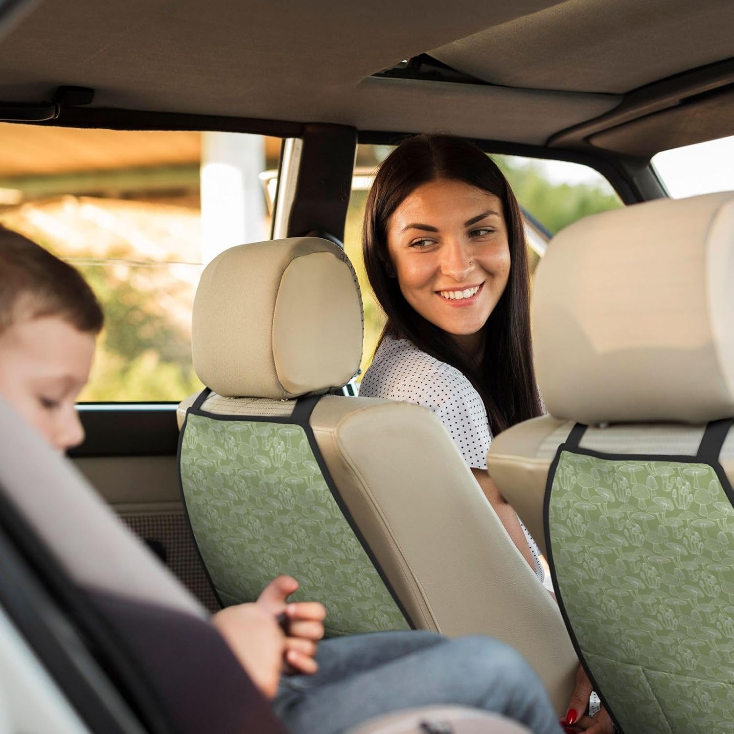 Mushrooms Olive Green Car Kick Mats Back Seat Protector, 2 Pack Auto Seat Back Covers with 3 Organizer Pockets Travel Accessories Universal Vehicle Interior from Dirt, Mud