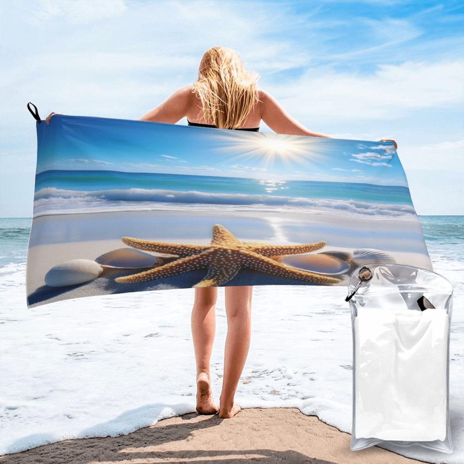 Anceky Sunlit Beach with Starfish Seashells Ocean View Quick Dry Microfiber Travel Towel with Carry Case and Carabiner 27.5"X55"