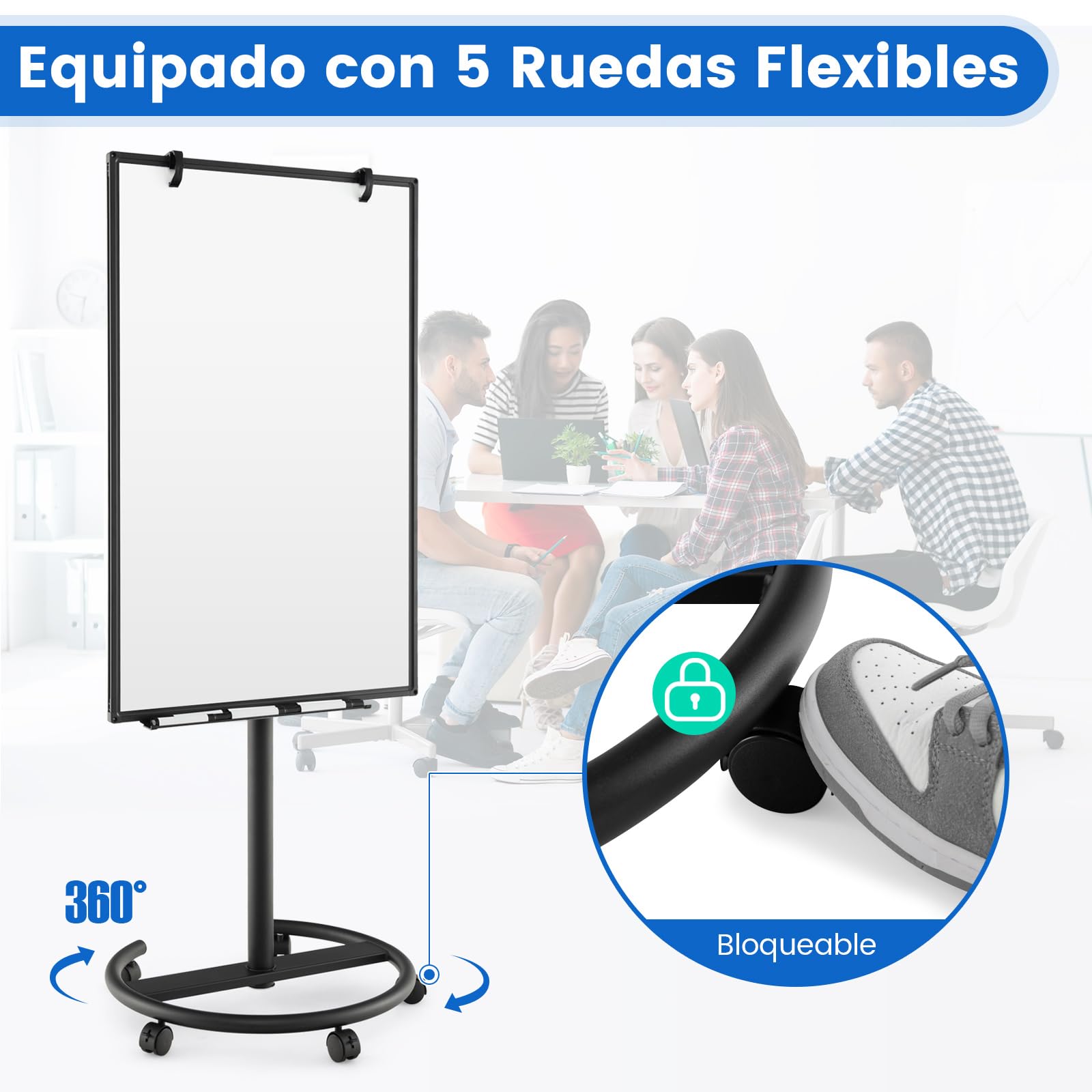 COSTWAY Pizarra Móvil 100x65 cm, Pizarra Blanca Magnética Ajustable Altura y Ruedas, Pizarra Blanca con Clips de Papel y Bandeja, Bloc de Notas de 25 Hojas, Imanes, Marcadores y Borrador (negro)