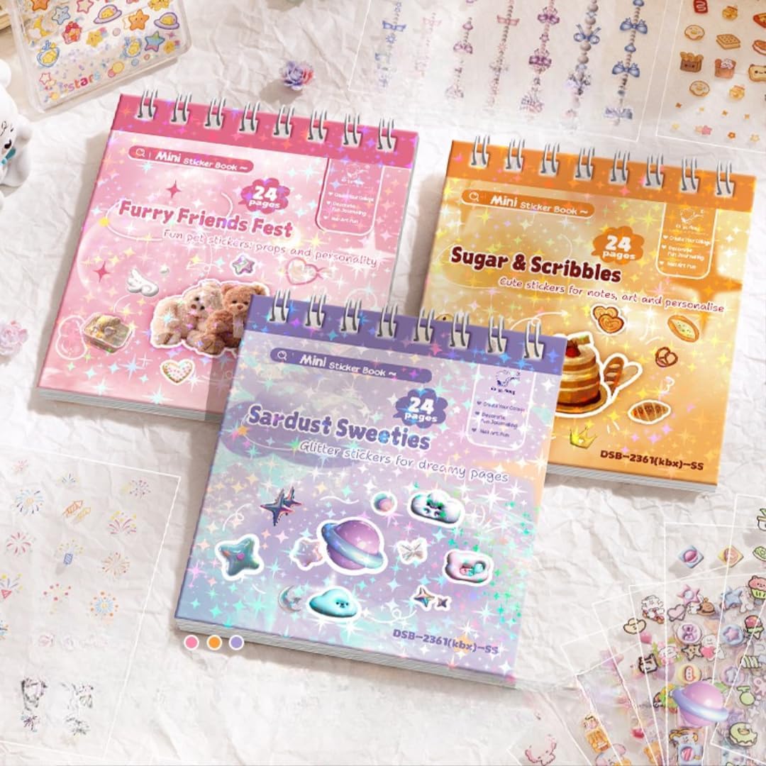Mini Sticker Book Set for Kids (3 Pack) | Cute & Glitter Decorative Stickers | 24 Pages Each | Journaling, Scrapbooking, DIY Crafts & Gift Stickers for Kids & Teens-image-48