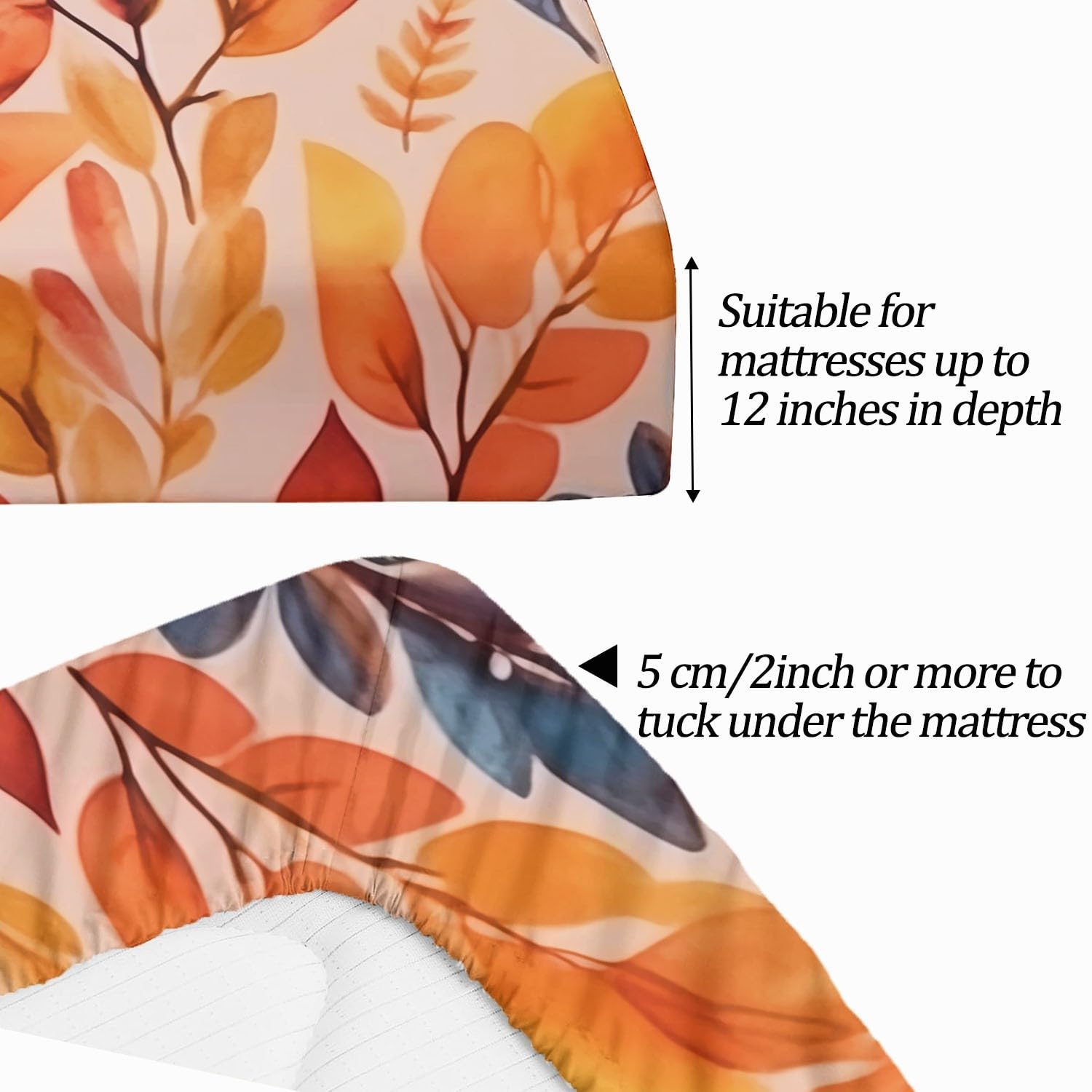 Drap Housse Bohème Aquarelle Feuilles d'automne Imprimer, 140 x 190 cm Résistance à la Déchirure Drap-Housse avec Poche 30 cm de Profondeur, Couleur Orange Ensembles de literie pour Dortoirs Hôtels