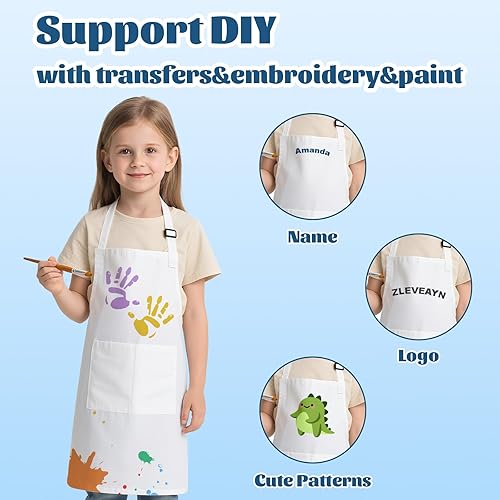 Miniatura 6 de 30 delantales para niños a granel ajustables con bolsillos para niñas, pintura, cocina, hornear, (blanco, L)