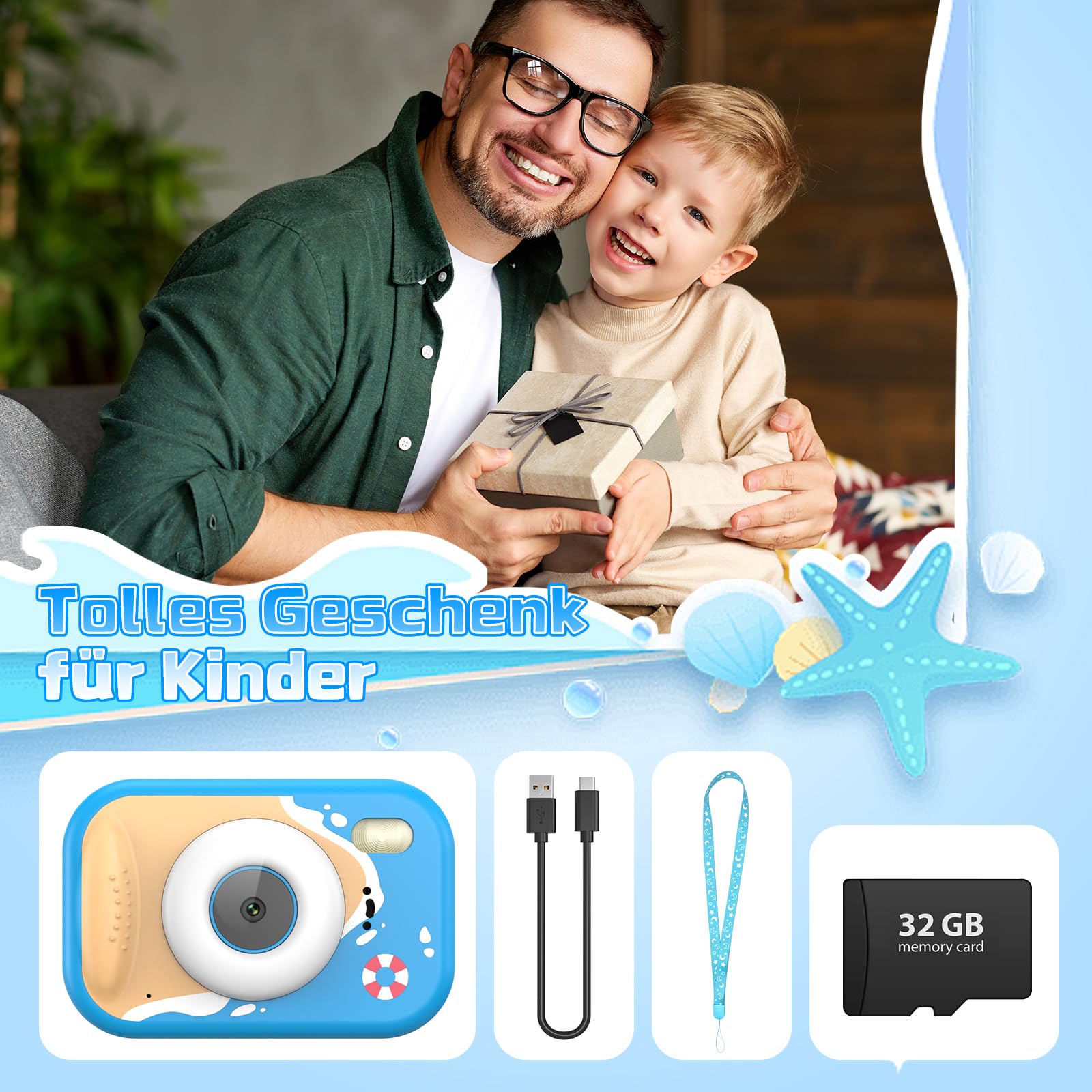 CHAKEYAKE Unterwasserkamera, IP67 wasserdichte Digitalkamera mit 32GB Karte, 1080P 10X Zoom Kinderkamera, Geschenk für Jungen und Mädchen 3–12 Jahre, Strand und Pool Spielzeug, Blau