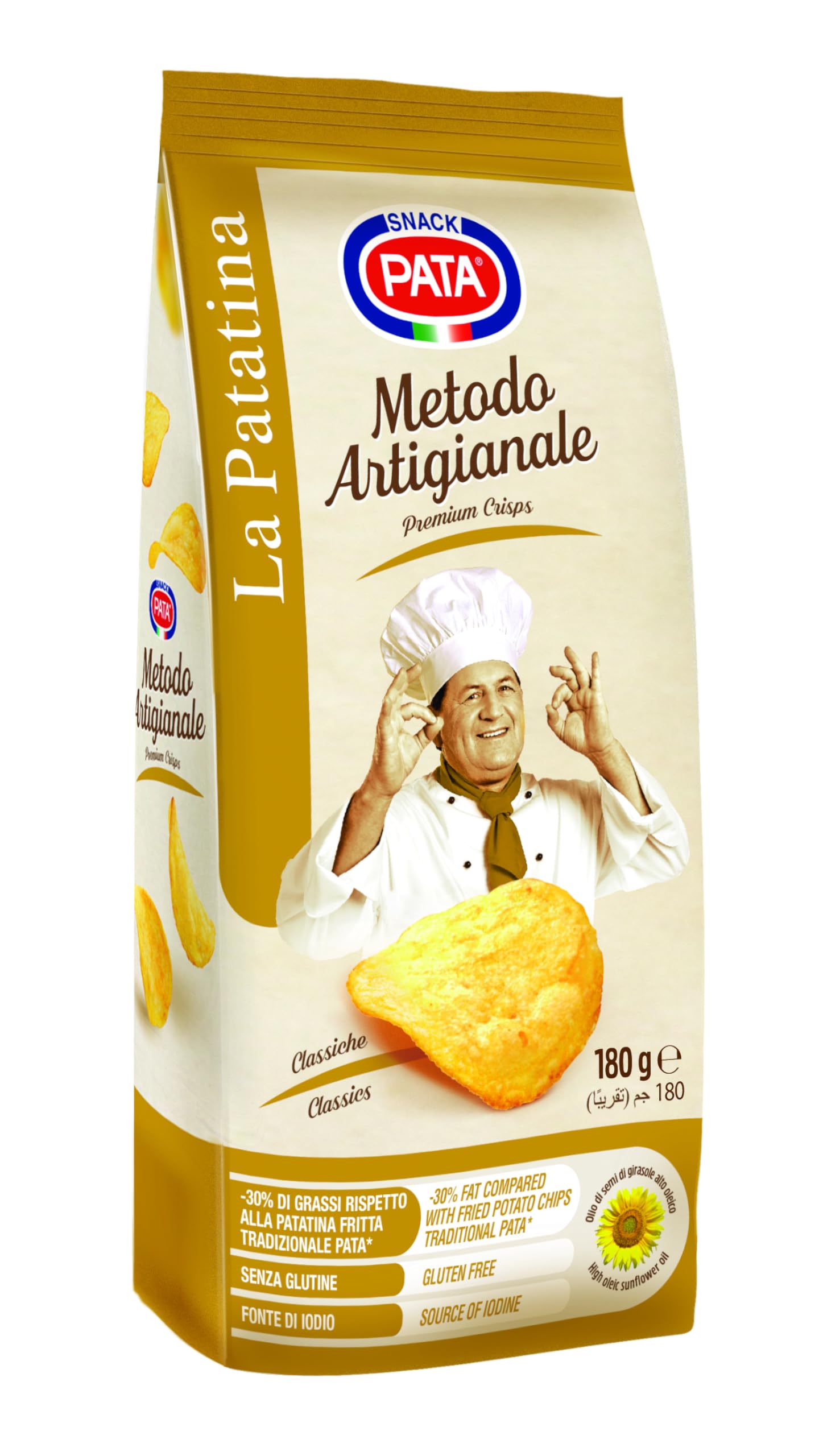 PATA | Patatine Classiche Metodo Artigianale, Senza Glutine, Con Olio di Semi di Girasole Alto Oleico, Fonte di Iodio, 10x180g