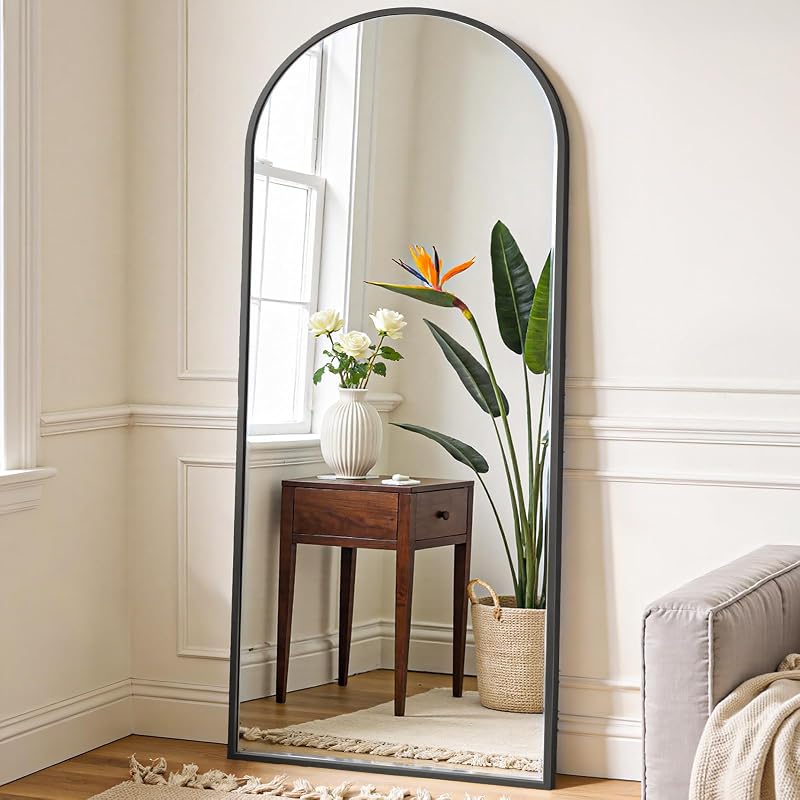 OLIXIS 64"x21.5" Espejo arqueado de longitud completa con soporte, espejo corporal | Vidrio a prueba de roturas, colgante o inclinado para pared, piso de pie, sala de estar del dormitorio, largo, negro