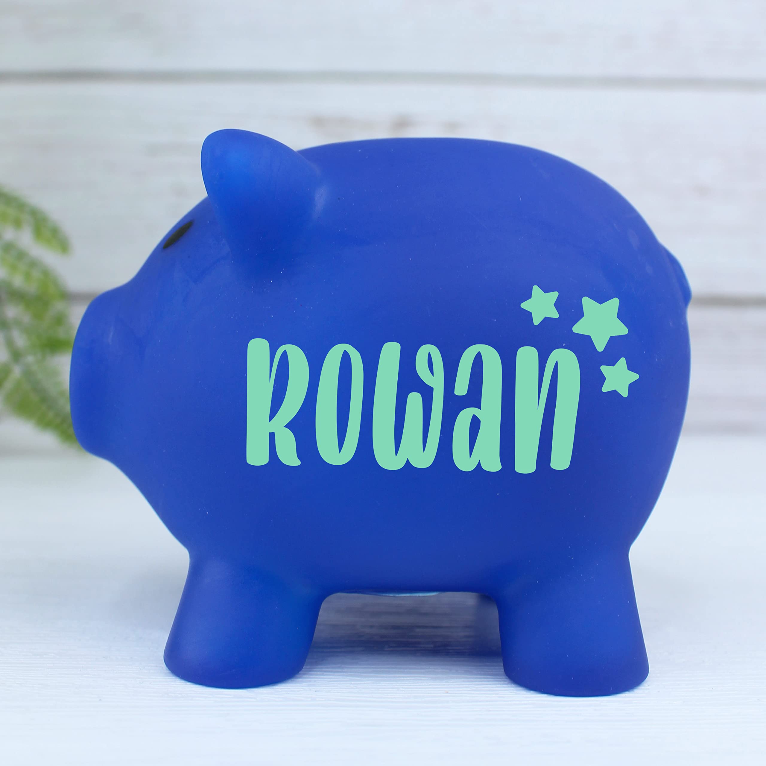 eBuyGB Personalised Plastic Piggy Bank, Kids Money Box, Saving Money Jar Keepsake for Children, Novelty Gift (Blue)