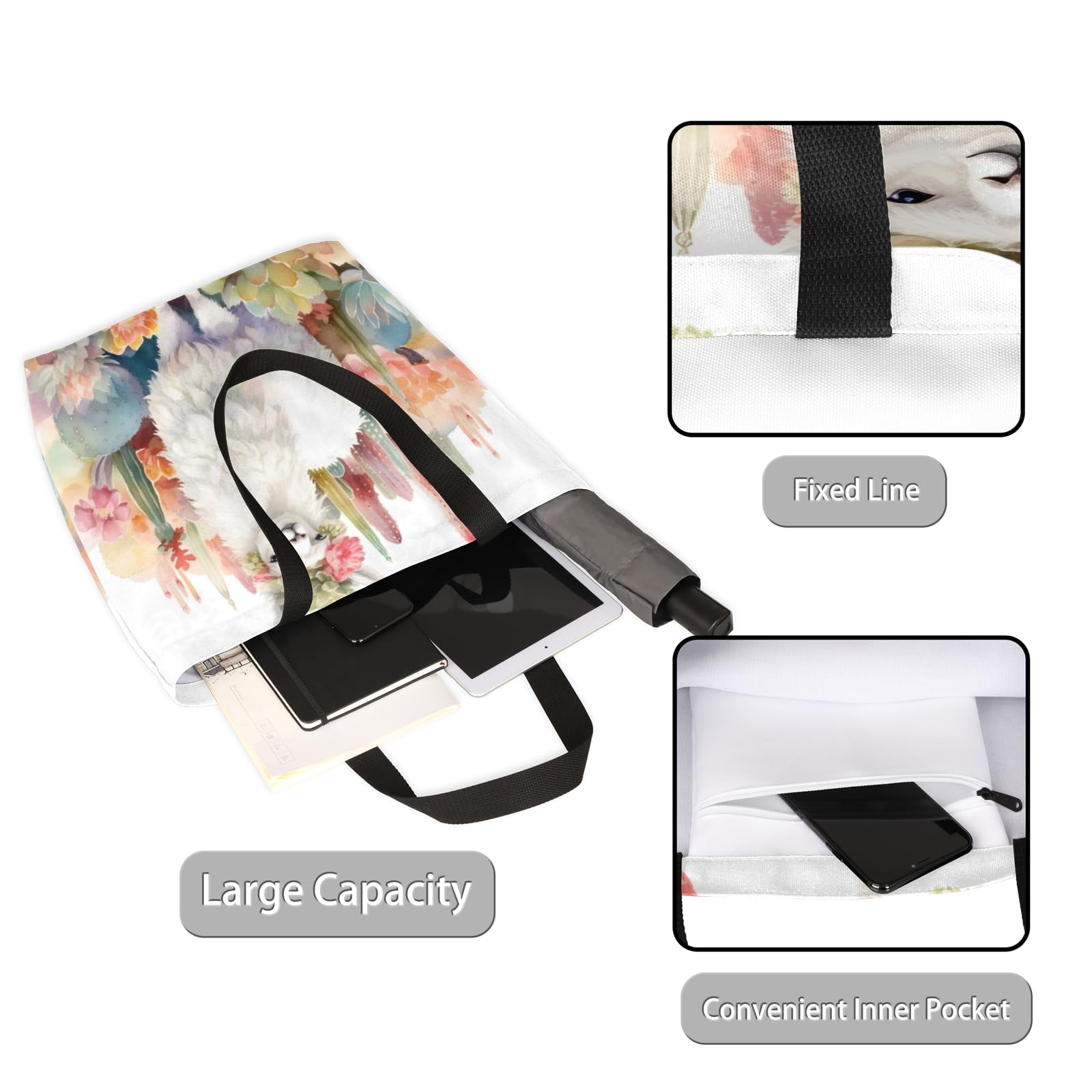 Mularoka Alpaca Cactus Watercolor Large Capacity Canvas Tote Bag Stylish Handheld Shoulder Bag Reusable Shopping Bag for Work Travel Beach Trips Shopping