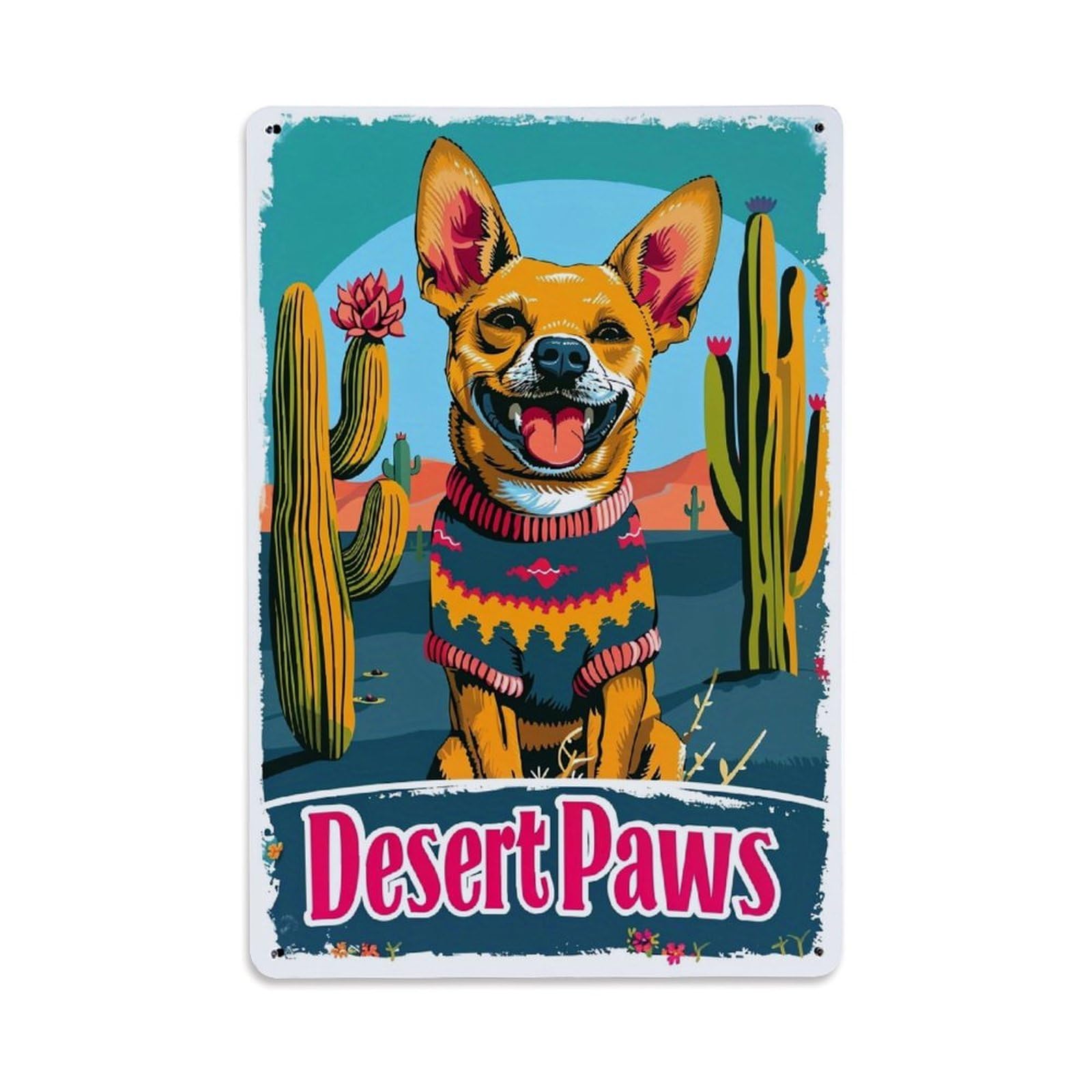 Jdyaojiesheng Vintage Desert Cactus Dog Sweater Pattern Tin Sign Retro Metal Wall Decor Metal Poster, Home Bar Garage Farmhouse Cafe Wall Art Decoration 8X12inches
