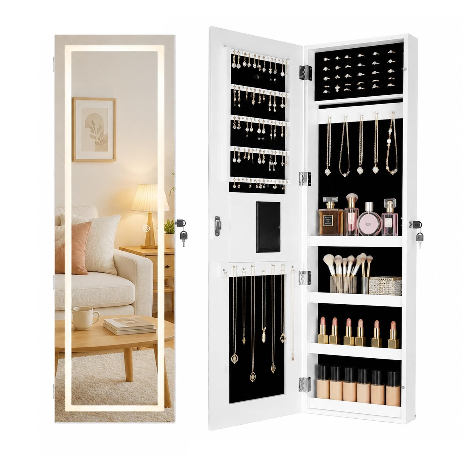Schmuckschrank，Spiegelschrank, Schmuckschrank mit Spiegel & Touchscreen-LED-Licht, Wandschrank, Wandmontage, an der Tür hängend, Schmuck-Organizer für Ohrringe, Halsketten, Ringe (Weiß, 110x30cm)