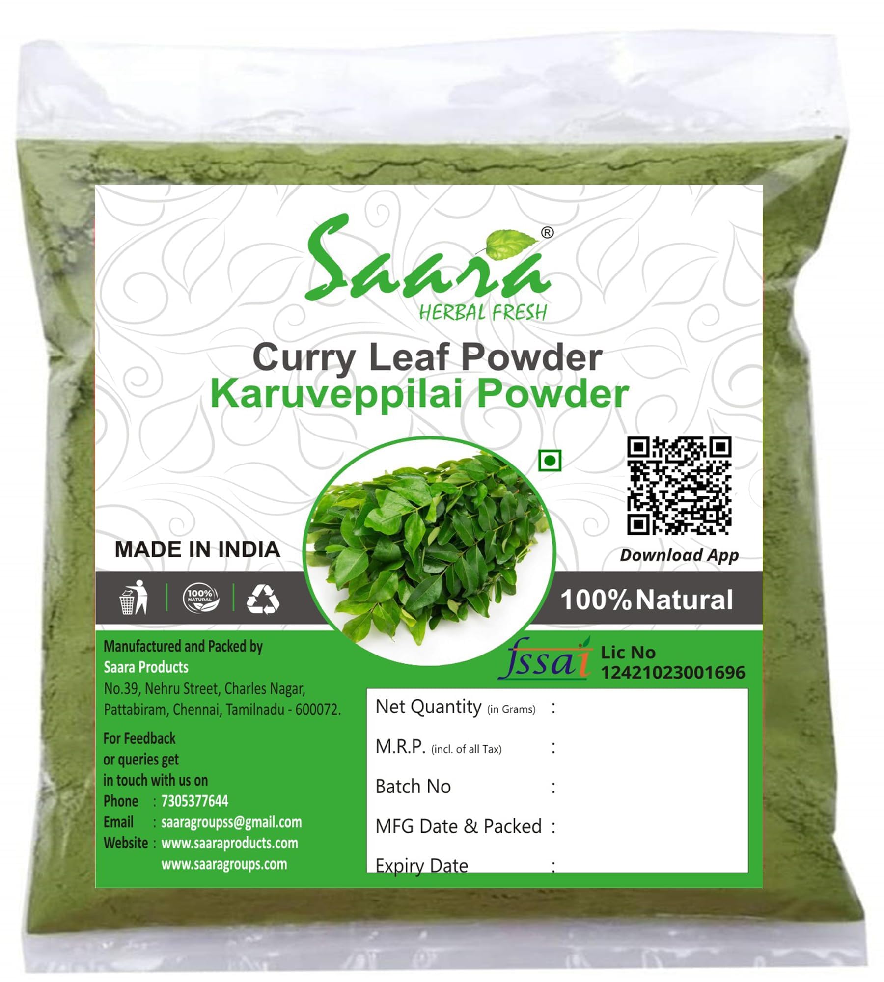 Saara HERBAL FRESH Karuveppilai Powder, 50g, Curry Leaf Powder, Kadi Patta, Karibevu Powder for Hair & Eating,(pack of 1 x 50g)