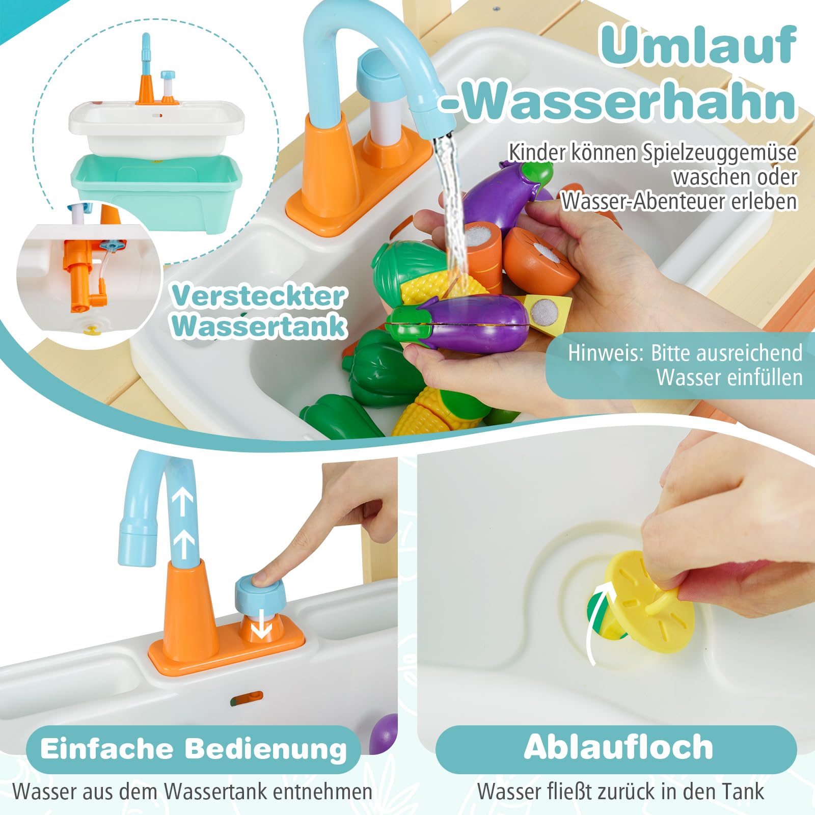 COSTWAY Matschküche Kinder Outdoor, Kinderküche Holz mit Wasserhahn & Grill, inkl. Holzspießen, Lebensmitteln & Gartenzubehör, Outdoorküche für Kinder ab 3 Jahren