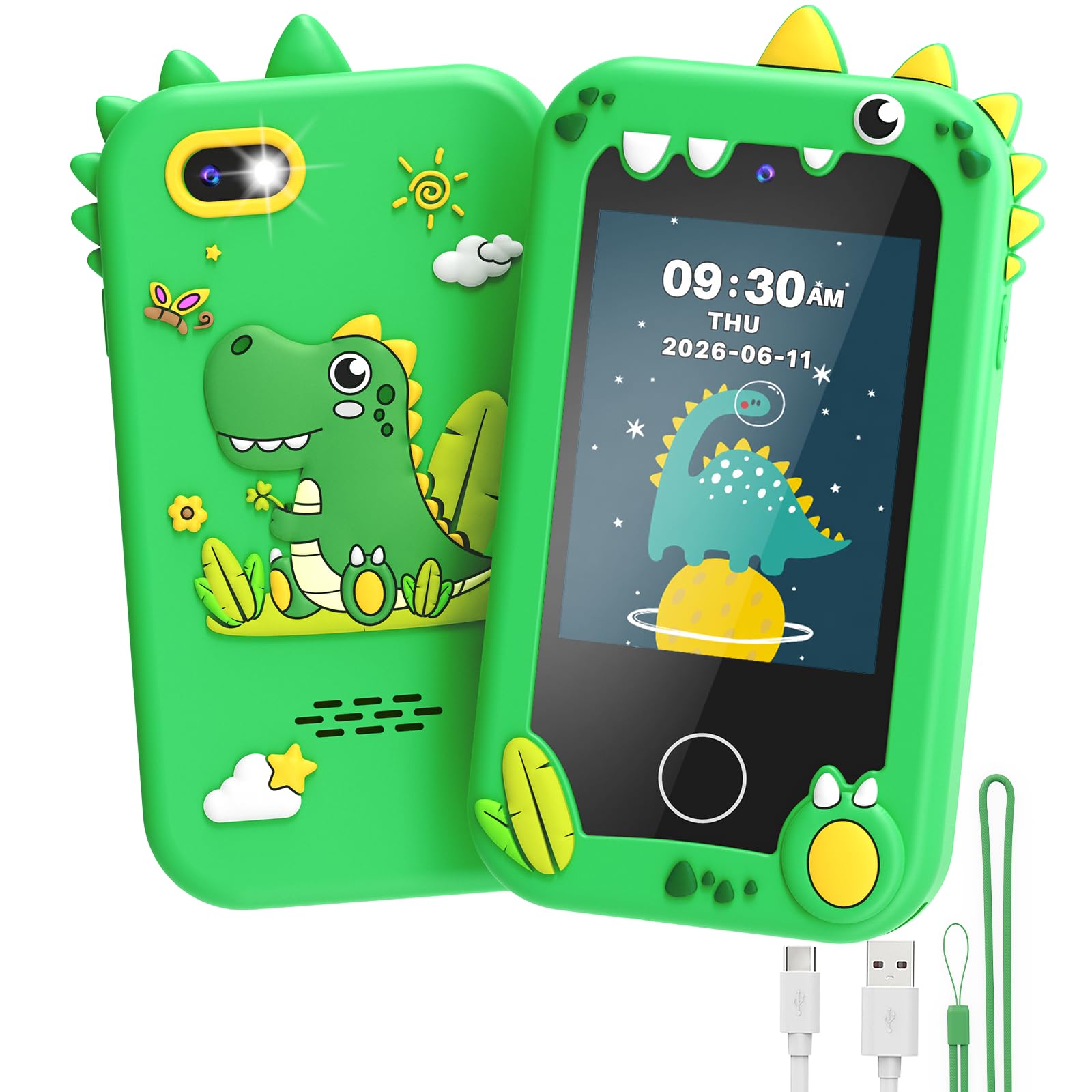 UCIDCI Teléfono inteligente de dinosaurio para niños de 3 a 8 años, teléfono de aprendizaje con pantalla táctil de 2.8 pulgadas con 25 aplicaciones de cámaras duales, tarjeta SD de 8 GB, reproductor