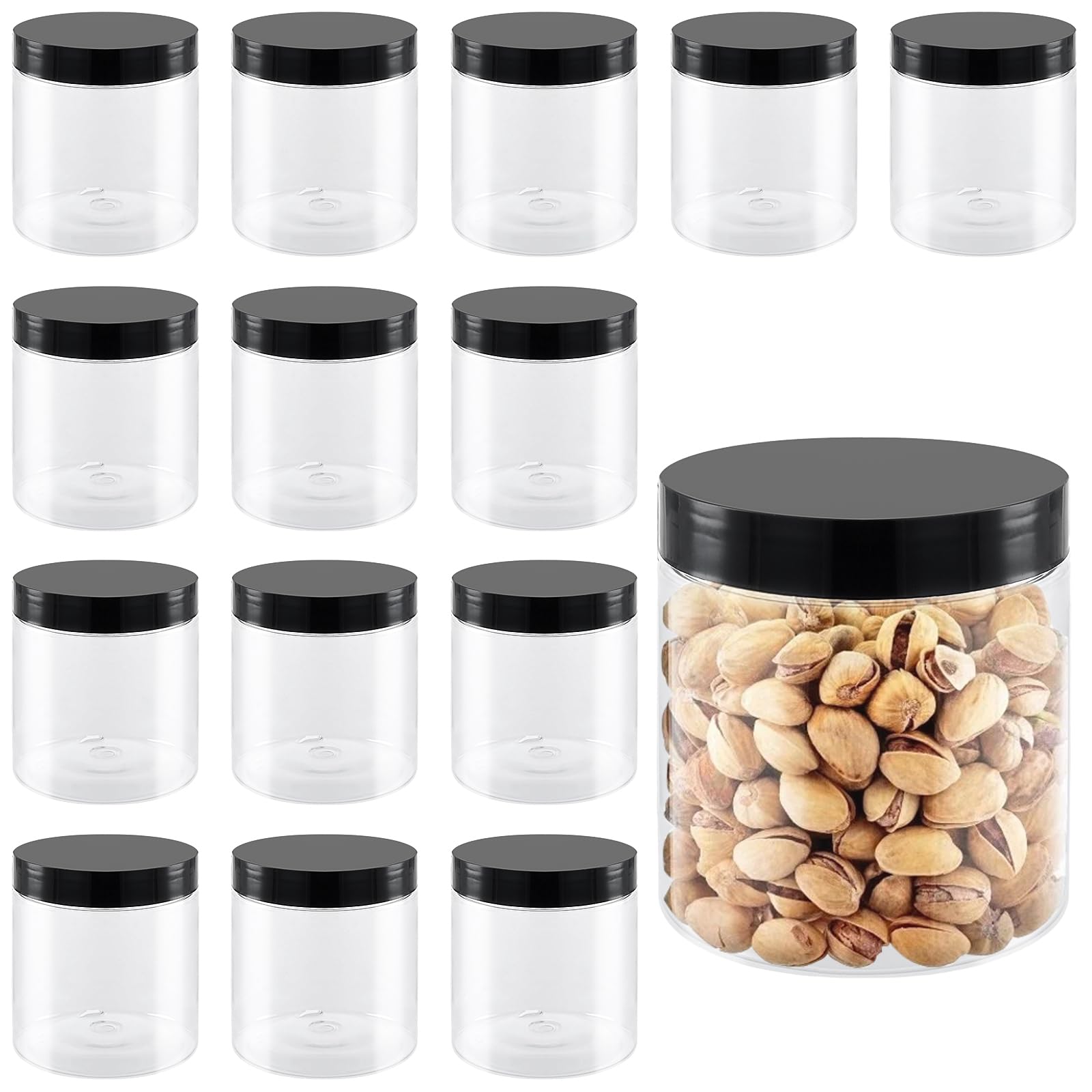 JEUIHAU 15 Pack 16oz(500ml) Plastic Spice Jars With Lids, Clear Plastic Storage Jar for Kitchen Dry Food, Snack, Peanut, Powder, Spice