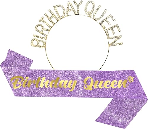 Juego de banda y tiara de diamantes de imitación de "Birthday Queen", juego de 2 piezas, banda y tiara de cumpleaños morada para decoración de