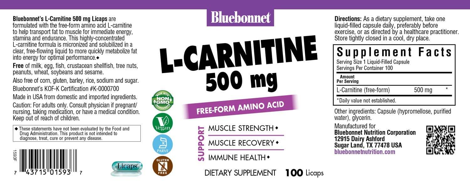 bluebonnet liquid l carnitine Blue Bonnet L Carnitine 500 Mg 100 Liquid Capsules