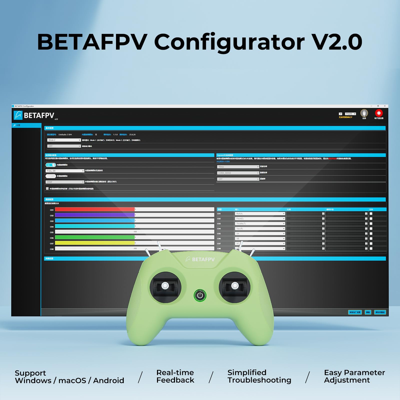BETAFPV LiteRadio 2 SIM Controllora Simulatore di Volo per L'addestramento di Principianti FPV, Supporta la Maggior Parte Delle Piattaforme di Sistema come DRL/Phoenix RC/Aerofly RC 8-Modalità 2/Verde