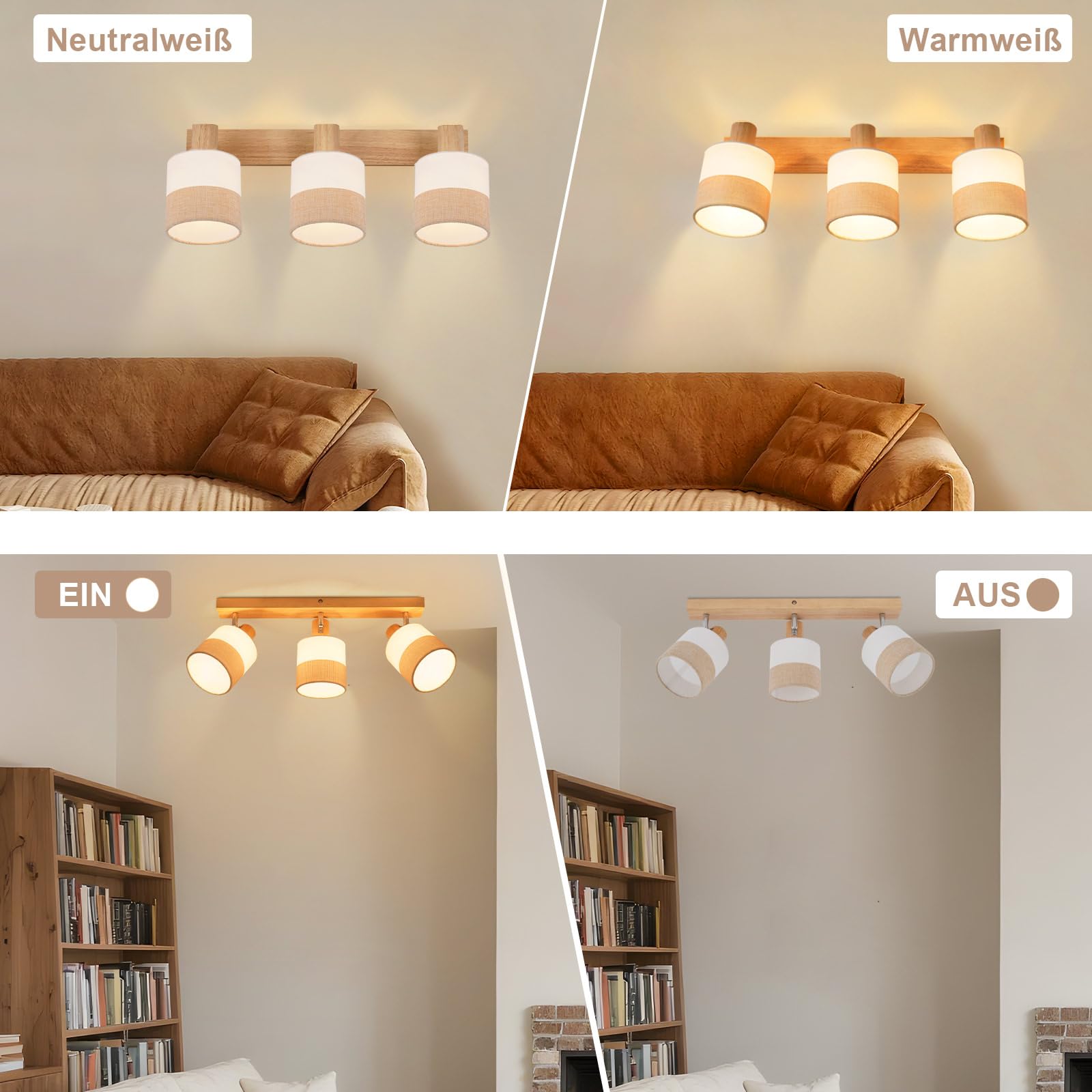 Glitzerlife Deckenstrahler 3 Flammig Deckenleuchte Holz Vintage E14 Retro Schwenkbar 350° Ohne Leuchtmittel
