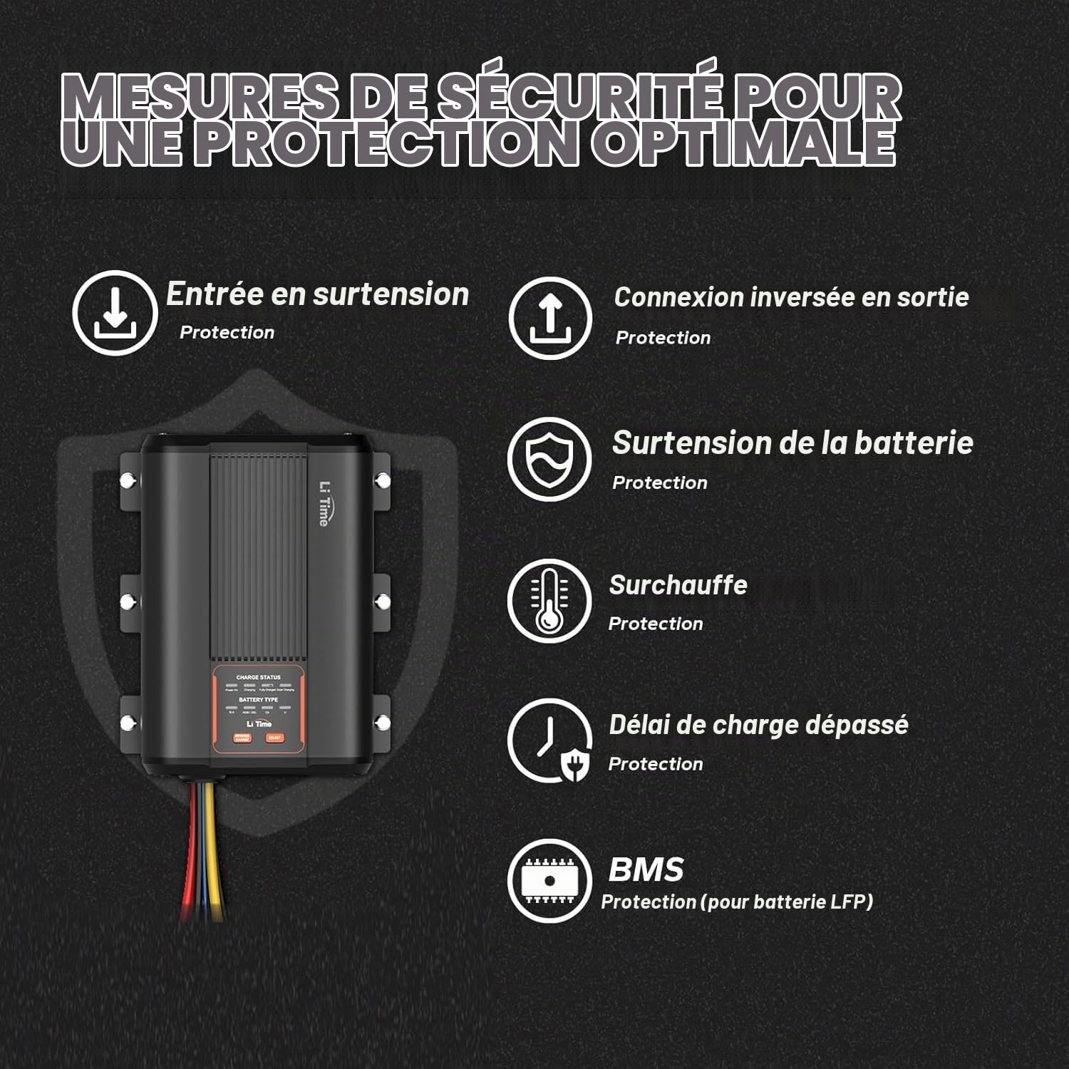 LiTime Type-C Chargeur Rapide 12V 40A DC to DC Chargeur de Batterie Convient Aux Batteries 12V Au Lithium Fer Phosphate, Plomb Acide, SLA, Gel, AGM, Calcium