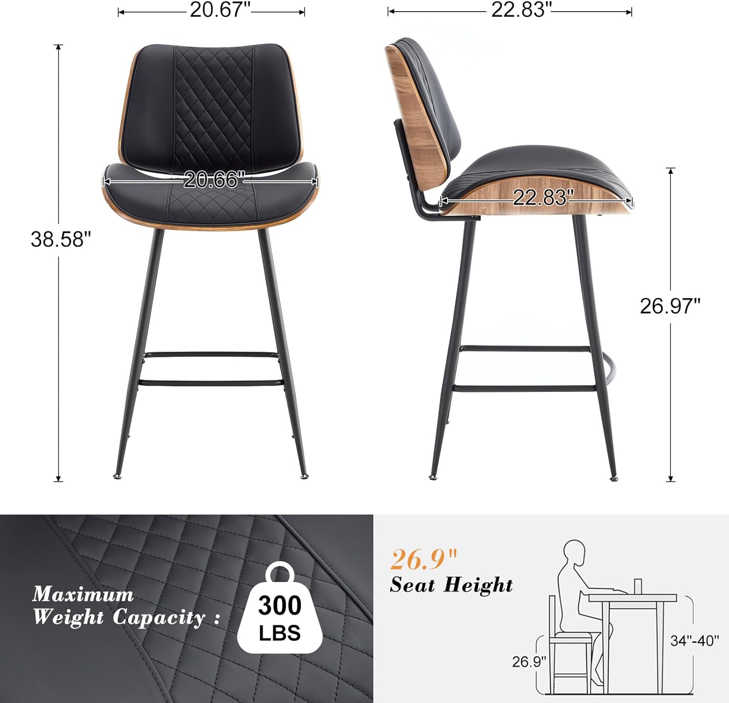 Counter Height Barstools Set of 2, 26.9" Armless Stools with Metal Legs, Walnut Pub Chair in Modern Style, PU Leather Bentwood Bar Chair for Home Counter, Kitchen Dining Island, Cafe(Black)