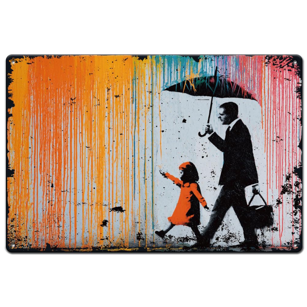 SUPERDANT 1 Pc Rainy Day Tin Sign Small Graffiti Style Metal Wall Plaque Father and Daughter Iron Decor for Bedroom Porch Man Cave Vintage Decor 8x12 Inch/20x30 cm