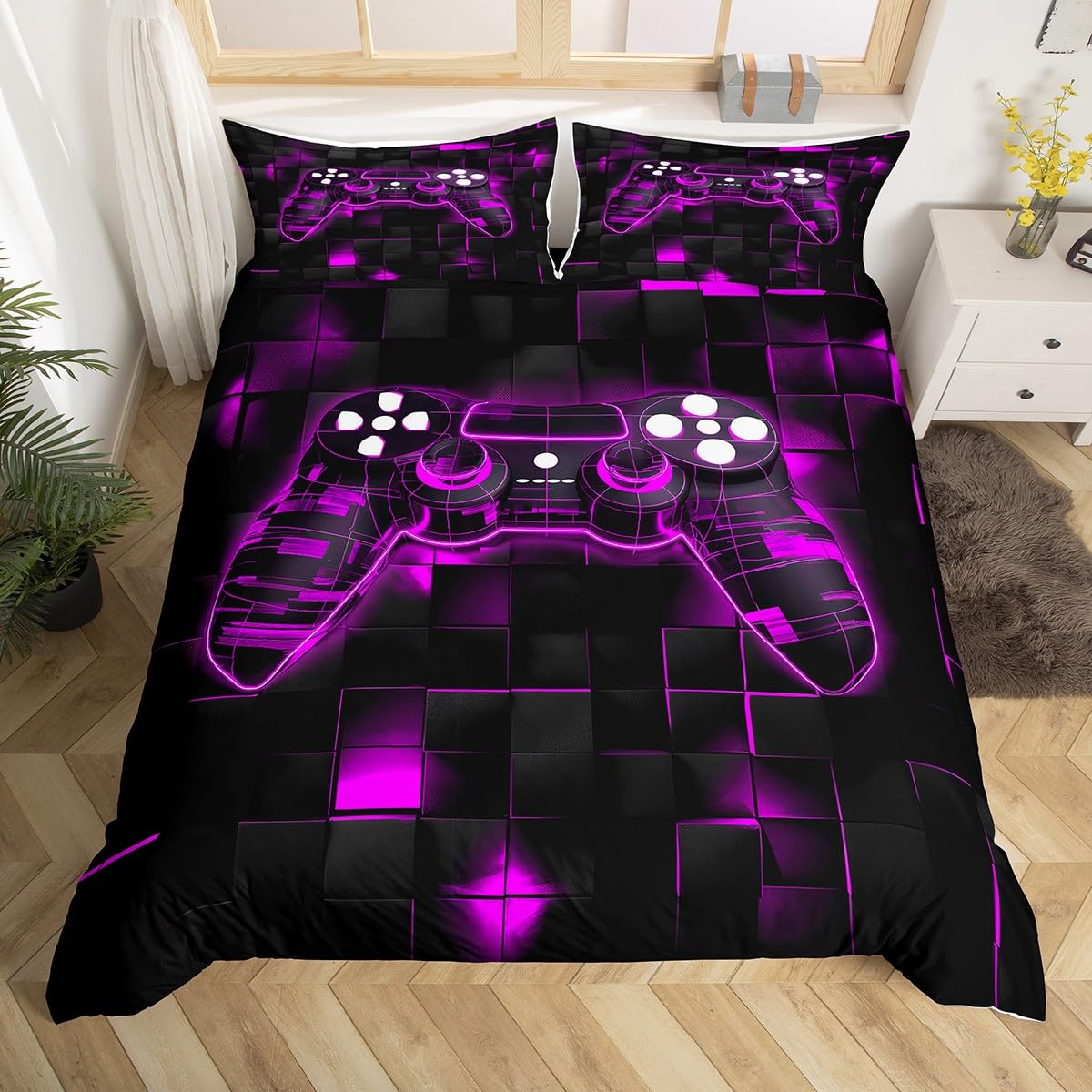 Homewish Teens Neon Gaming Super King Duvet Cover with 2 Pillowcases - Boys Gamer Bedding Set Kids Girls Game Room Decor - Purple Geometric Grid Quilt Cover Modern Gamepad Pattern Bed Sets Black โ image 1