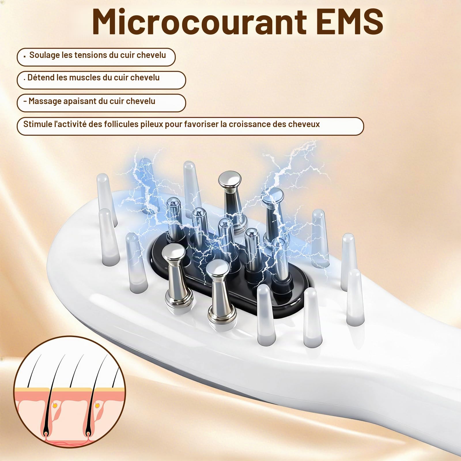 Brosse de Massage É‌lectrique Pour le Cuir Chevelu, Brosse de Massage Portable Pour la Tête à Lumière Rouge et Bleue, Microcourant EMS et Vibration, Favorise la Croissance des Cheveux