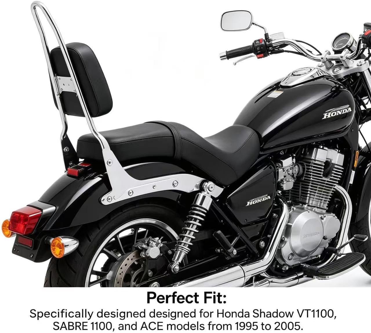 New Silver Motorcycle Rear Seat Backrest Sissy Bar Back Rest Compatible For Honda Shadow VT1100 SABRE 1100 ACE 95-06