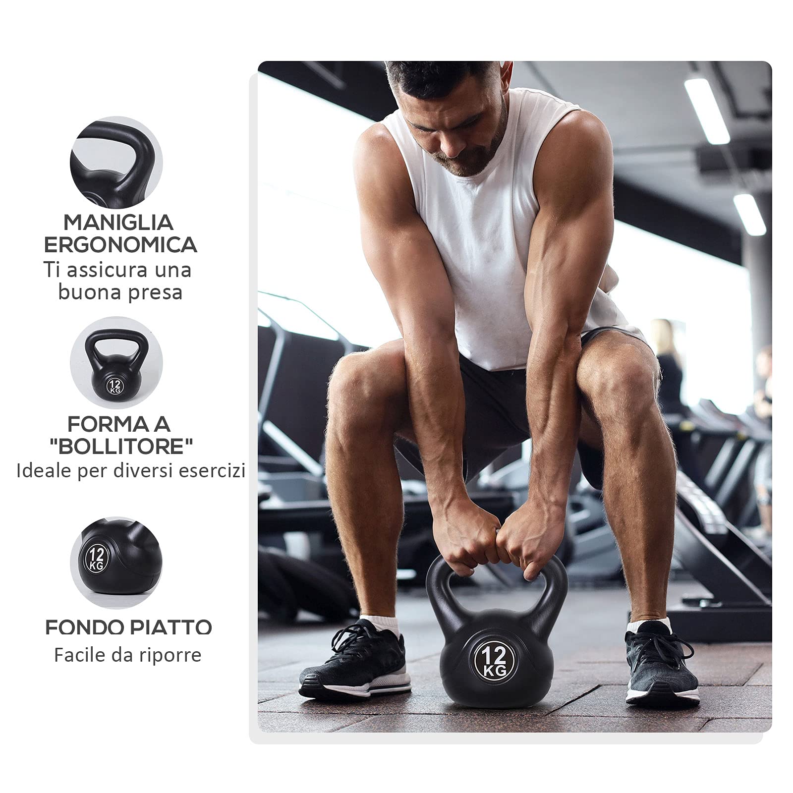 Kettlebell 12 kg, PVC e Sabbia, ø17cm, Nero