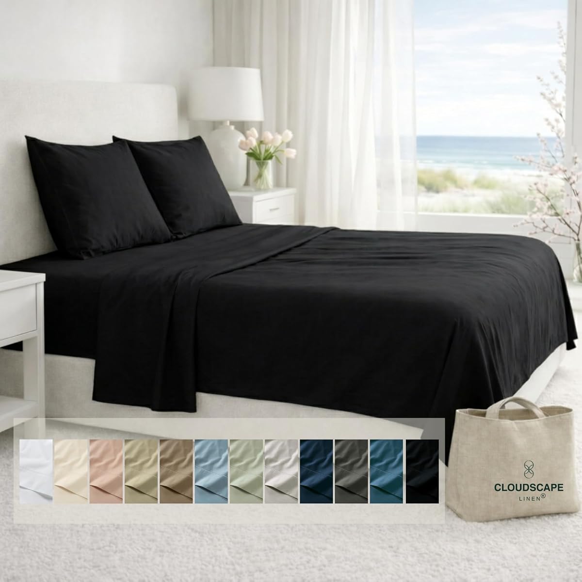 Cloud Scape Linen Sábanas 100% algodón egipcio para cama tamaño Queen, juego de cama de 4 piezas, calidad de hotel, suave como la seda, bolsillos profundos de hasta 17 pulgadas, color negro