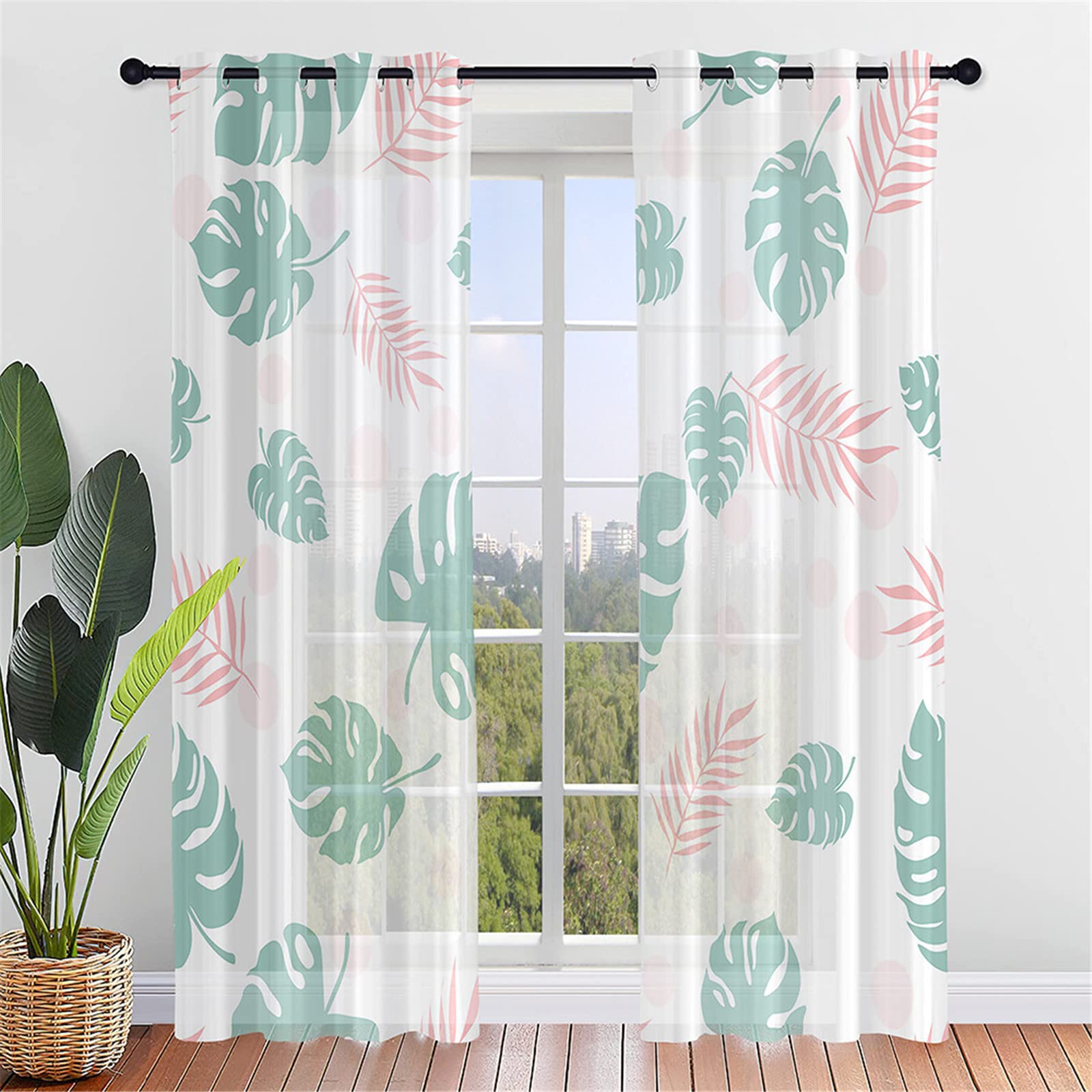 Hiseng Voile Curtains for Bedroom 2 Panels, Plant Print Sheer Curtains Eyelets Curtains Translucent Window Screen Door Drapes for Living Room Balcony Home Decorative (140x213cm,Pink leaves)