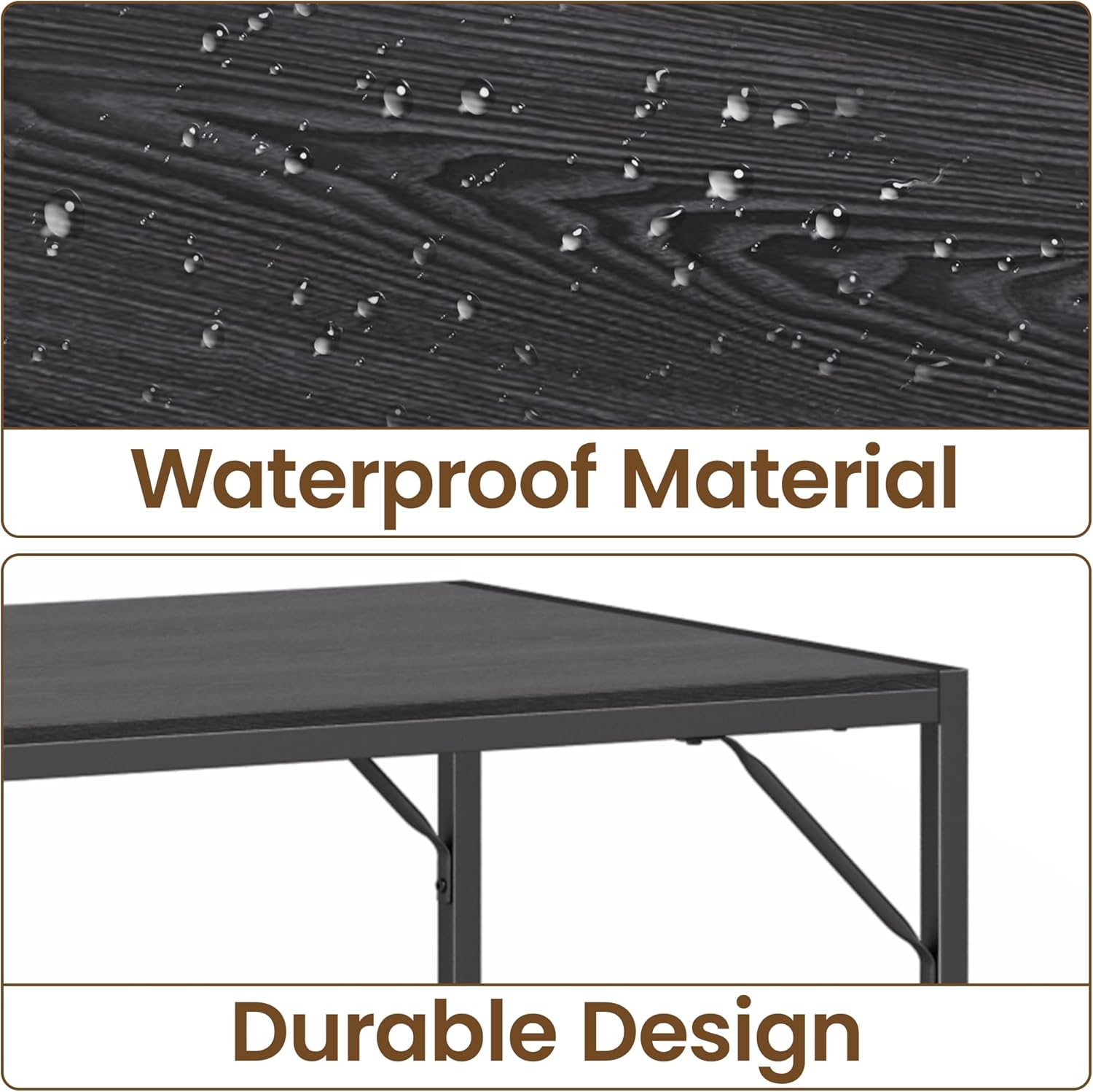 Close-up of the dining table surface showing its waterproof material with water droplets.