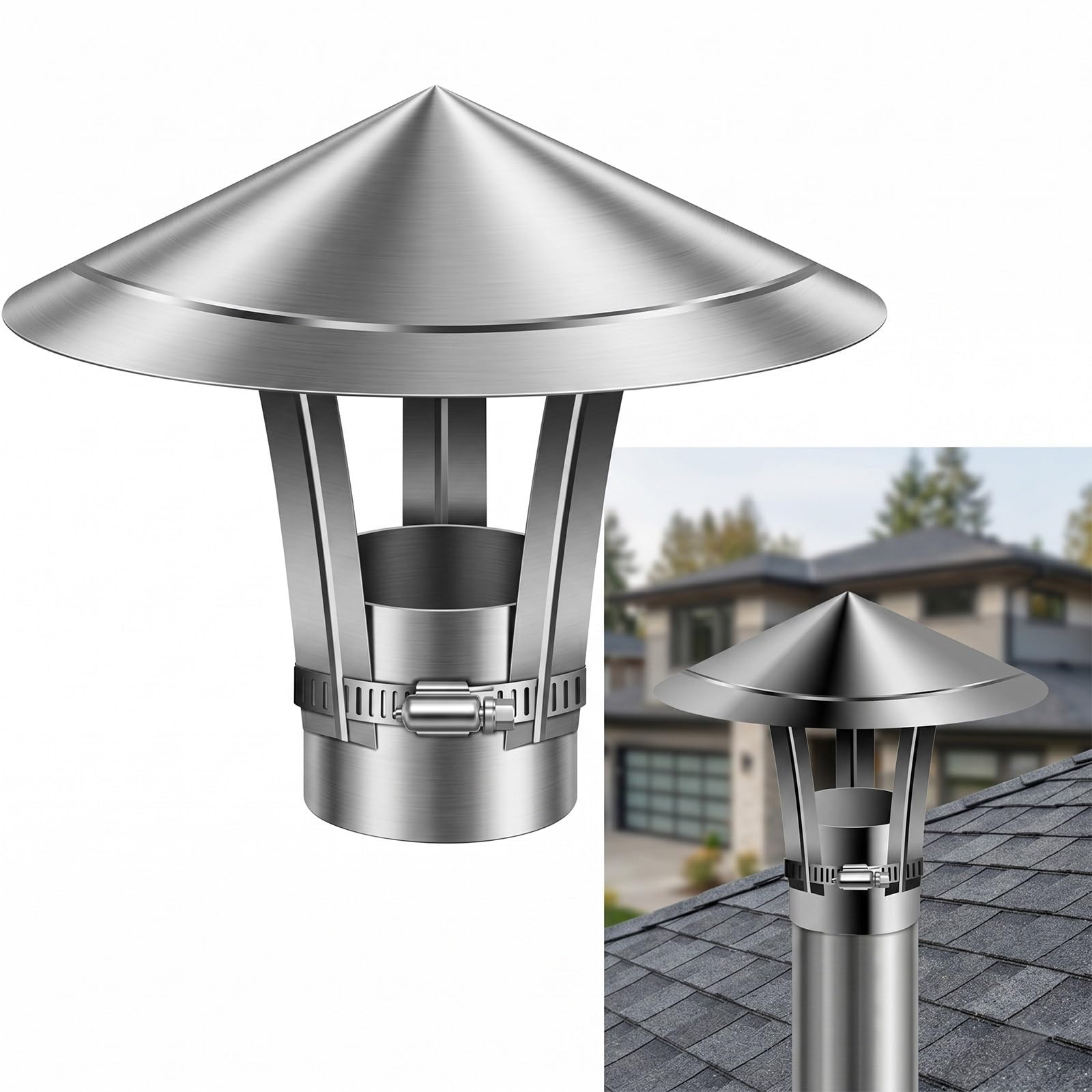 Sombrero de Chimenea Redondo en Acero Inoxidable Tapa Antilluvia para Tubo de Estufa Caperuza Salida de Humos Cubierta Protectora de Techo con Abrazadera Ajustable Antiviento(300mm)
