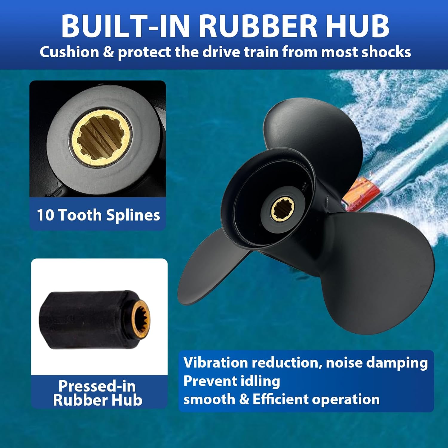 9.9x12 9.9×13 9.9×14 Boat Aluminum Propeller, 10 Spline Tooth, OEM Upgrade for TOHATSU Outboard Motors 25HP-30HP, 3-Blade, 3.00” Gearcase, Model 3R0B64525-0