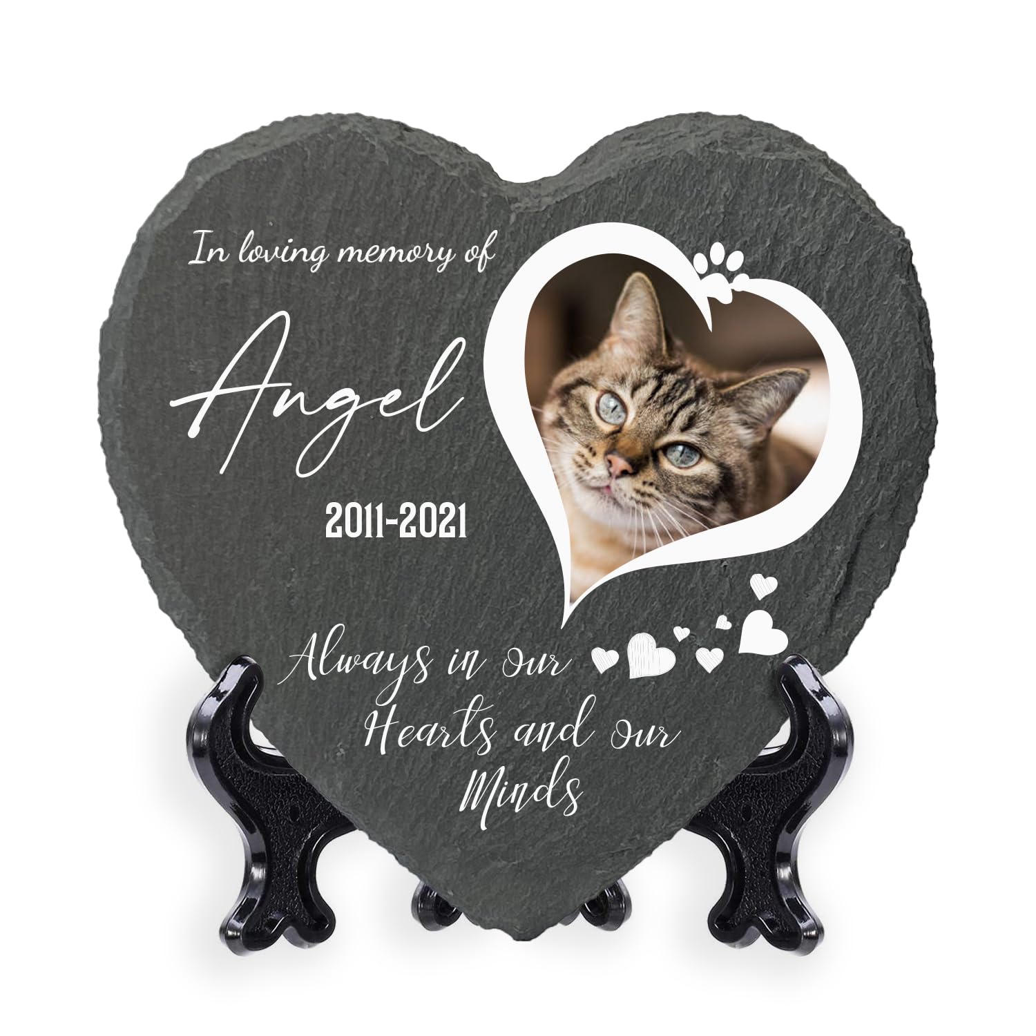 AIGAT Personalised Custom Heart Shape Memorial Plaque 9.8" x 9.8" / 25 x 25 cm With Stand For Pet Cat Dog Slate Stone Paw Grave Marker - Heart Photo — image 1