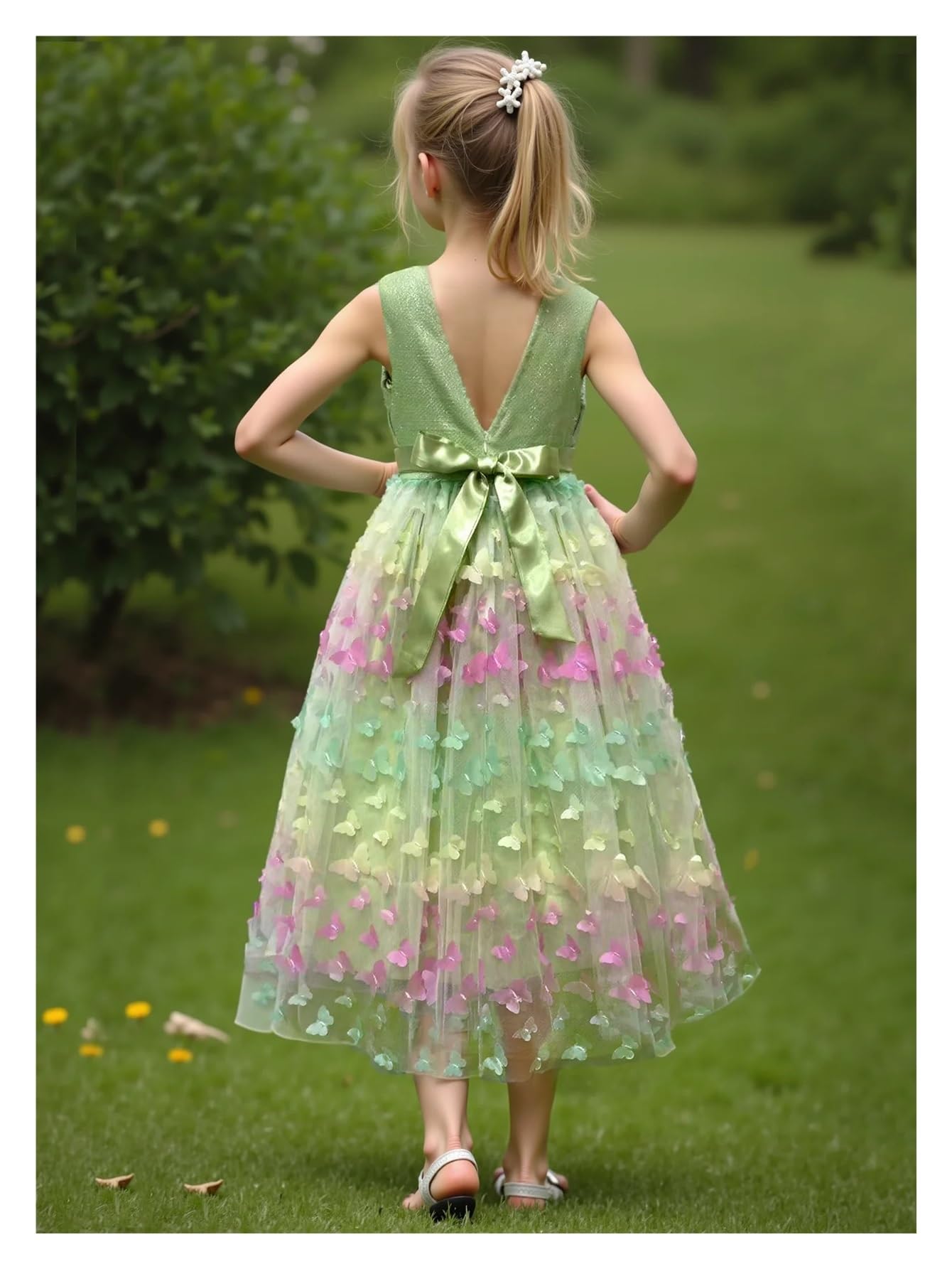 Vestido De Fiesta para NiñA Vestido de Fiesta de Boda de Princesa con Flores y Lazo de Malla sin Mangas con Mariposa Tridimensional for niña(10)