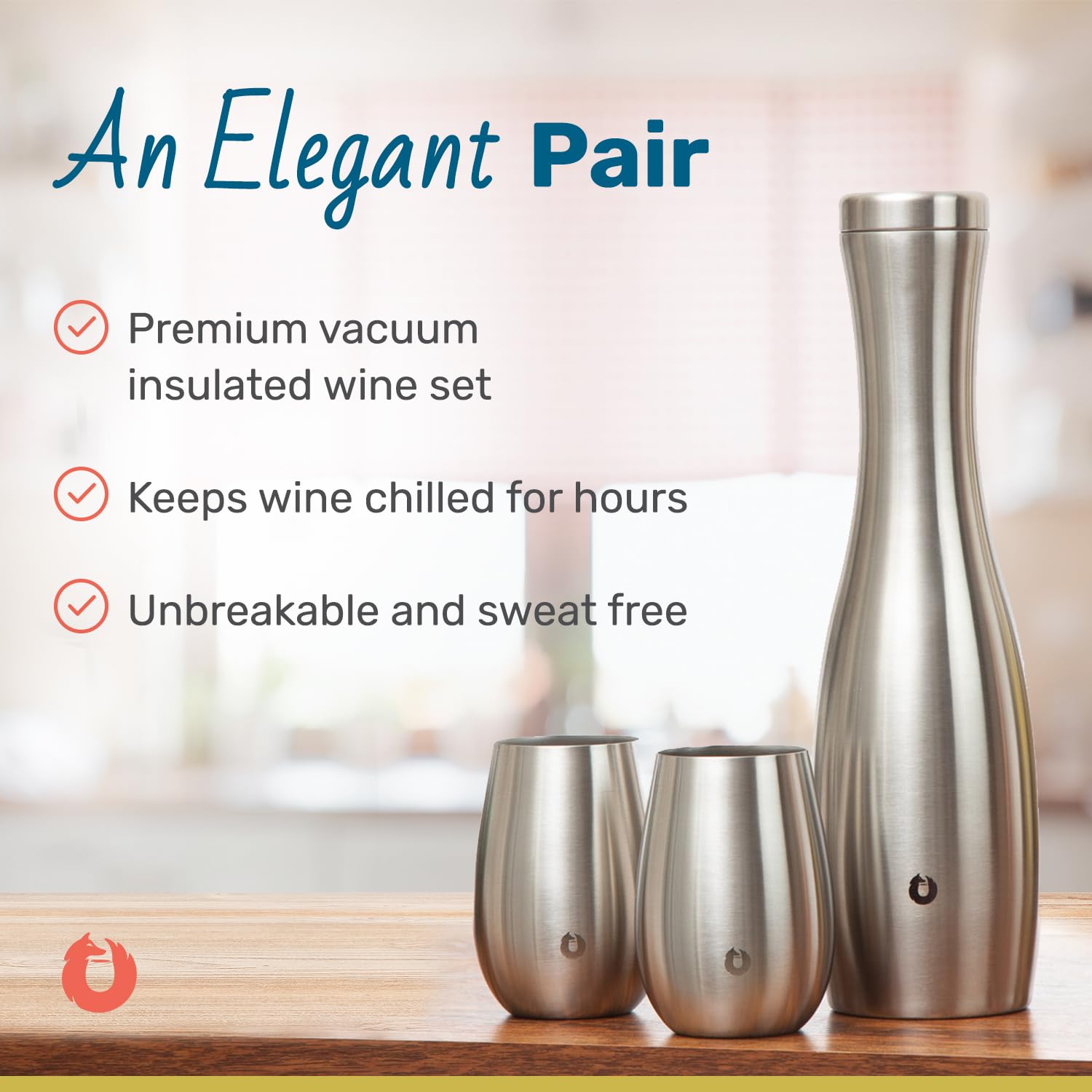 Snowfox Caraffa da vino e bicchiere, caraffa termica in acciaio inox e set di 2 calici da vino abbinati, teak naturale