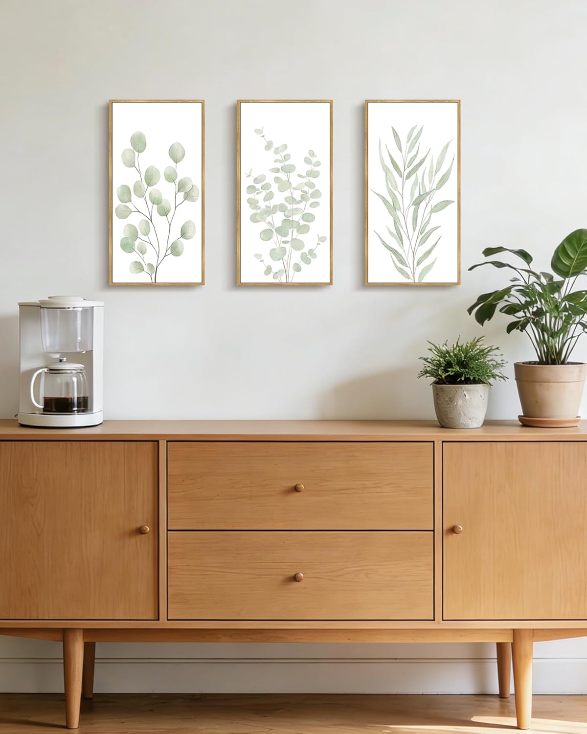 KUVIOKE Light Green Botanical Leaf Framed Wall Art Green Sage Eucalyptus Plant Illustrations Modern Artwork for Living Room Bedroom 8x16in3pcs Natural Framed