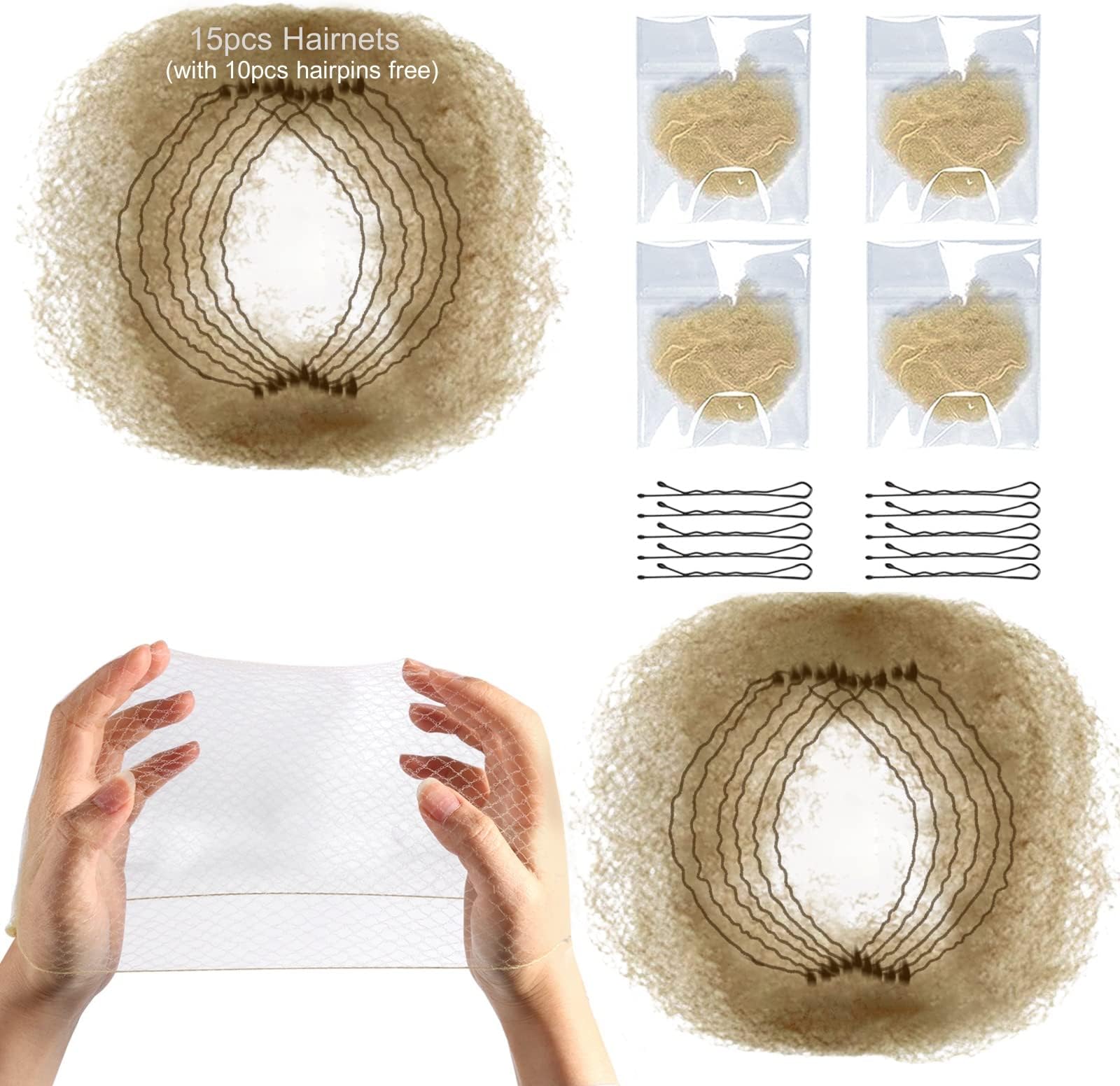 KKTech Pack of 15pcs Hair Nets Invisible Elastic Edge Mesh 20 inches(50cm) (Light Coffee)