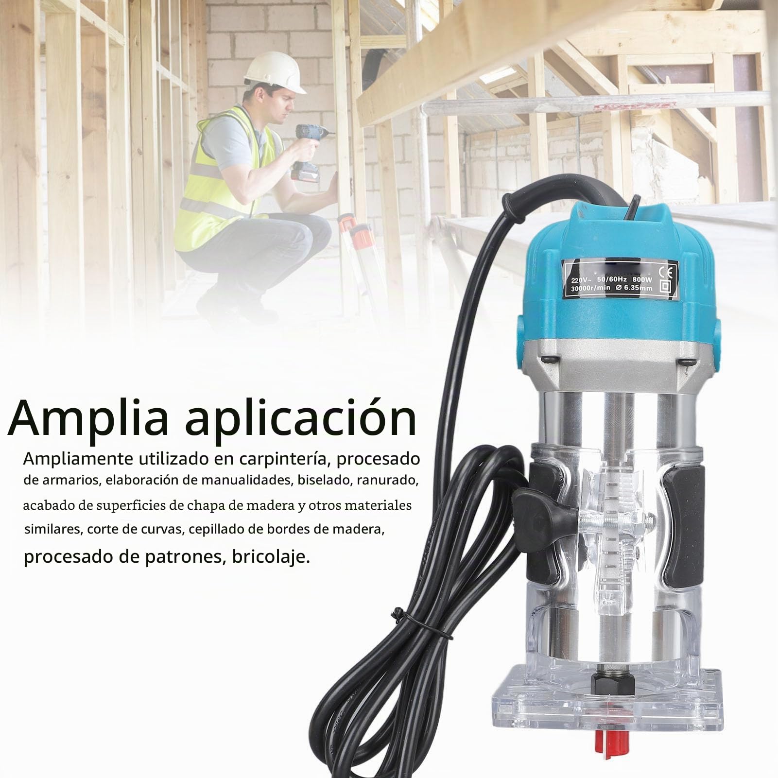Fresadora eléctrica compacta de 800 W, motor de 6,5 amperios para carpintería precisa, amplia gama de accesorios, fresadora de madera con riel guía lineal (enchufe de la UE)