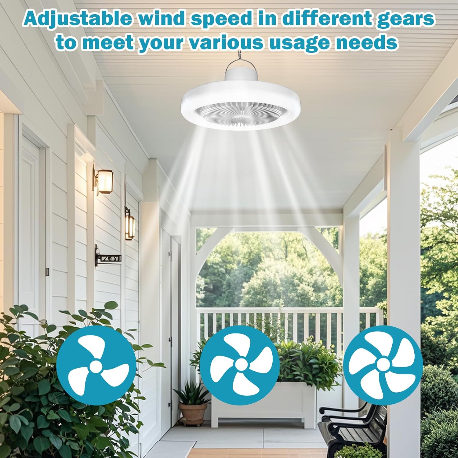 Solar Ceiling Fan Light with Remote,5400mAh Portable Rechargeable Fan with Remote Control with HookCan be timed for 1/2/4 hours, 3 Speeds for Patios, Canopy, Shed, RV, Porch and Chicken Coop