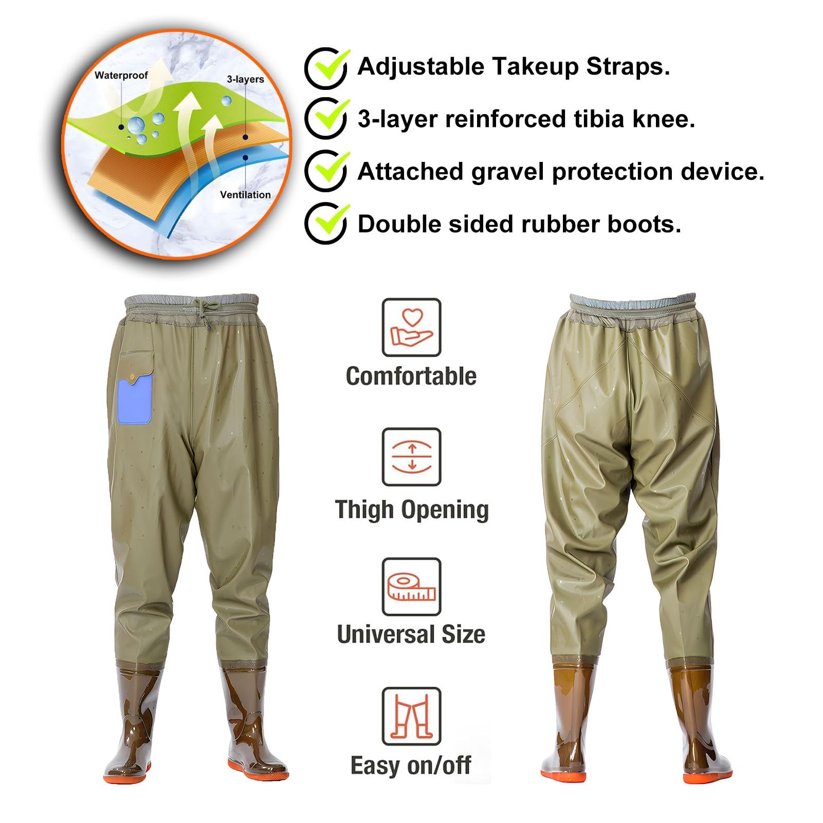 Waders hip Pantaloni da Pescatore da Esterno, Flessibili, In PVC, con Comoda Tasca Portaoggetti, Per La Caccia E La Pesca Nelle Paludi