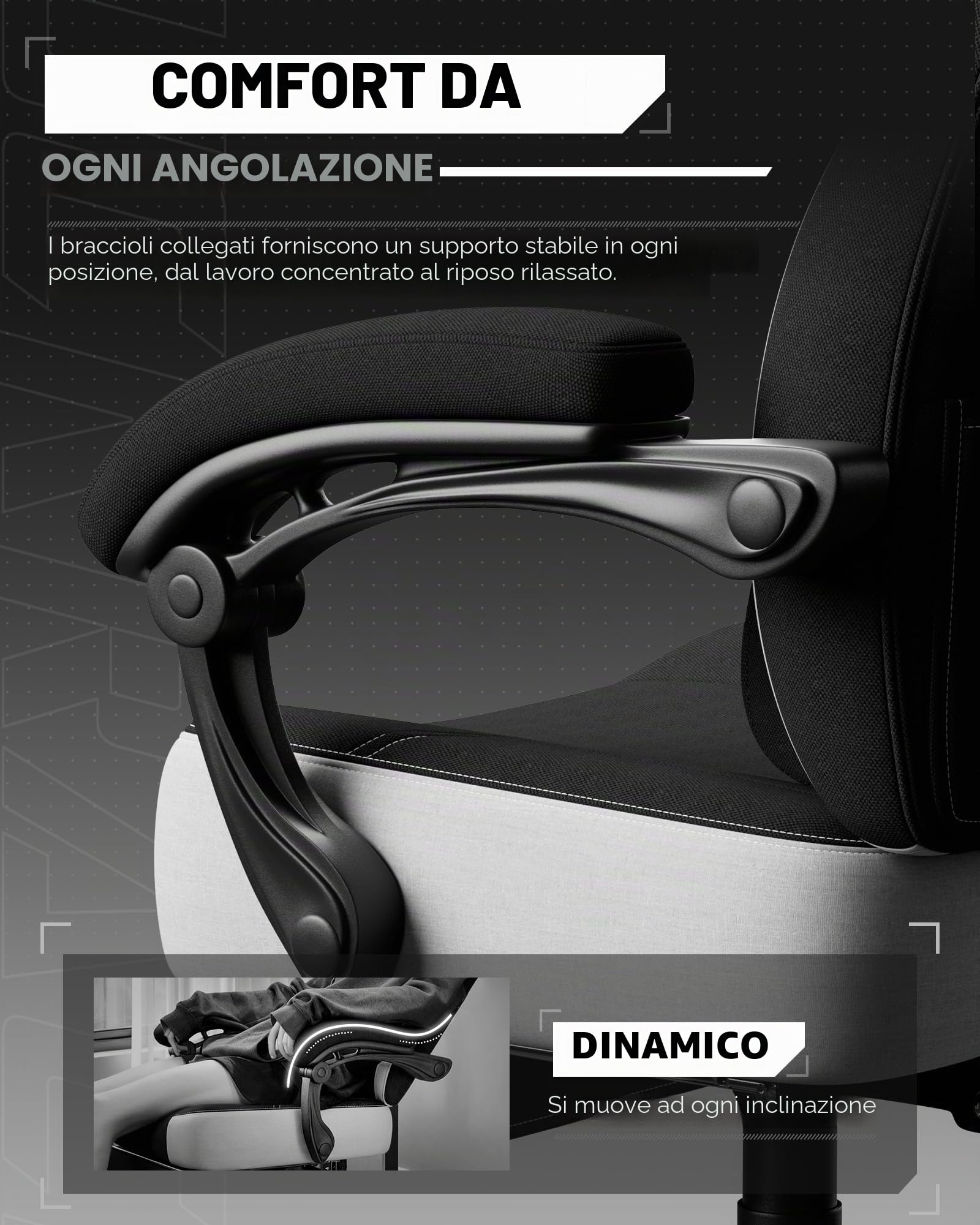 LUCKRACER - Sedia da gaming in tessuto, sedia da ufficio con braccioli collegati, cuscino in memory foam, angolo di inclinazione 90–155° e poggiapiedi, tessuto funzionale resistente, nero