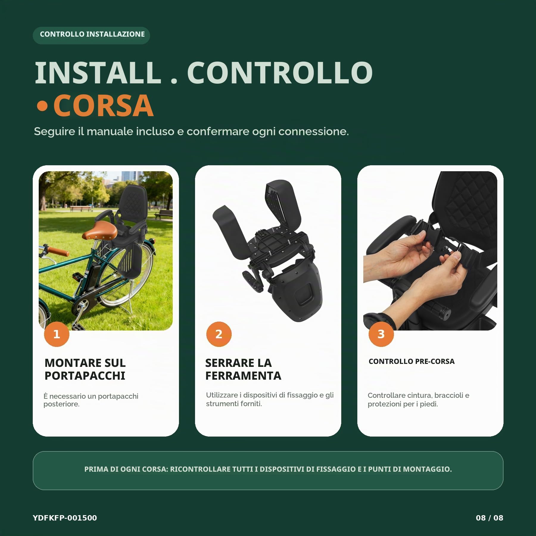 Seggiolino per bicicletta, sedile posteriore per bambini, fino a 50 kg, schienale alto con 3 posizioni, cintura di sicurezza a 5 punti e poggiapiedi, per bambini da 8 mesi a 8 anni
