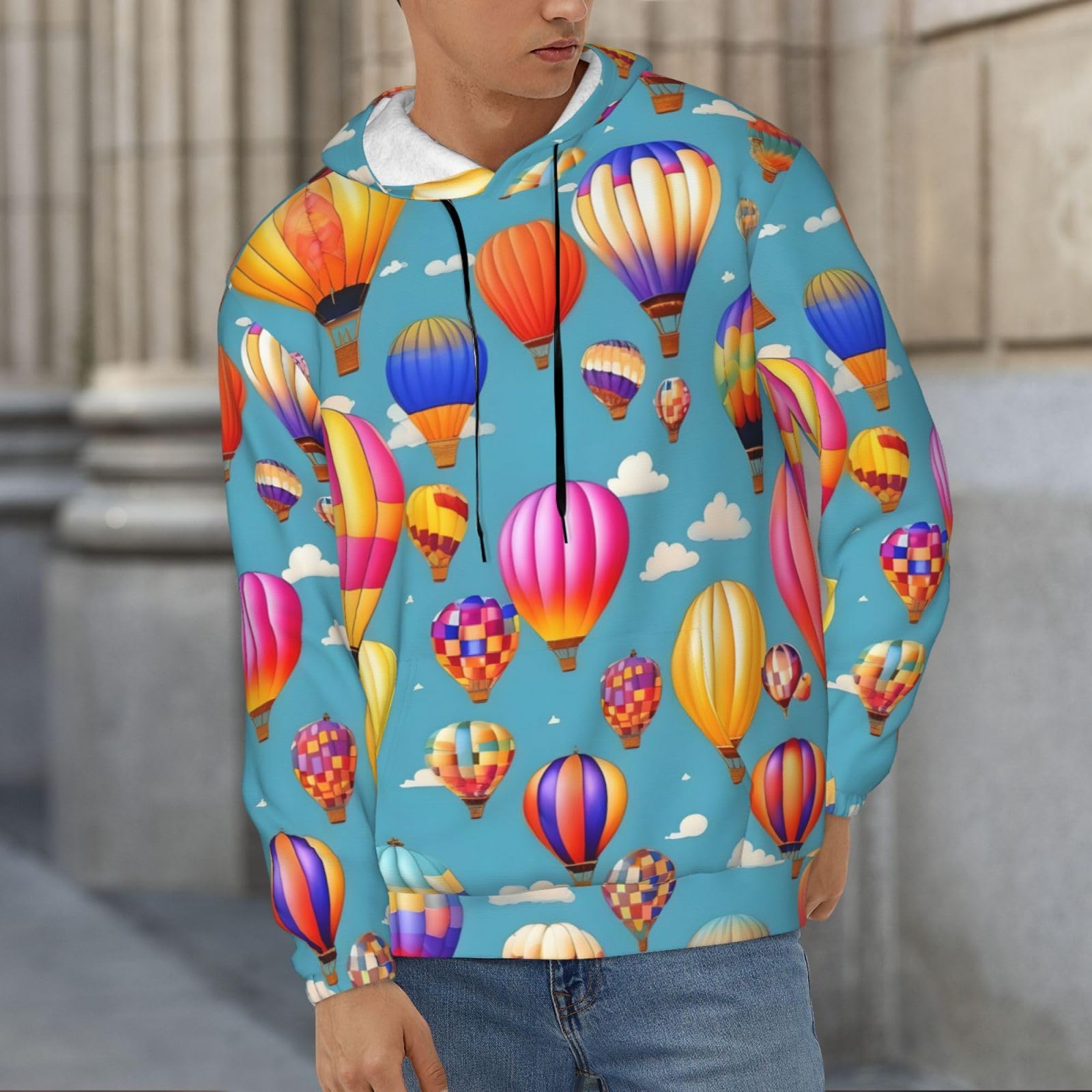 Męska bluza z kapturem z kolorowym nadrukiem balonów na gorące powietrze, casualowa grafika z nadrukiem bluzy z kapturem z kieszenią