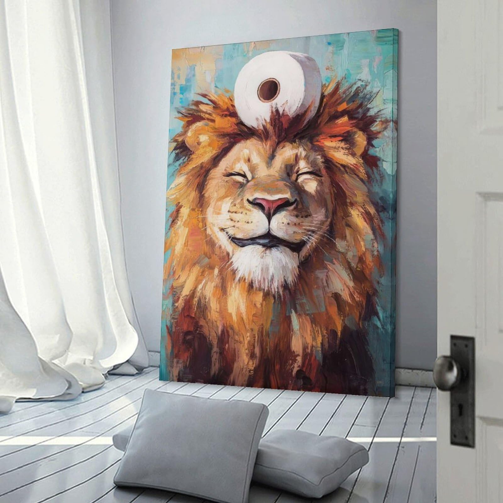 Junmoney Frame-Style-19 Canvas Wall Art Lion With Toilet Paper, 24X36inch(60X90cm), For Bedroom, Lounge Or Dressing Area, Canvas Wall Decor For Personal Spaces