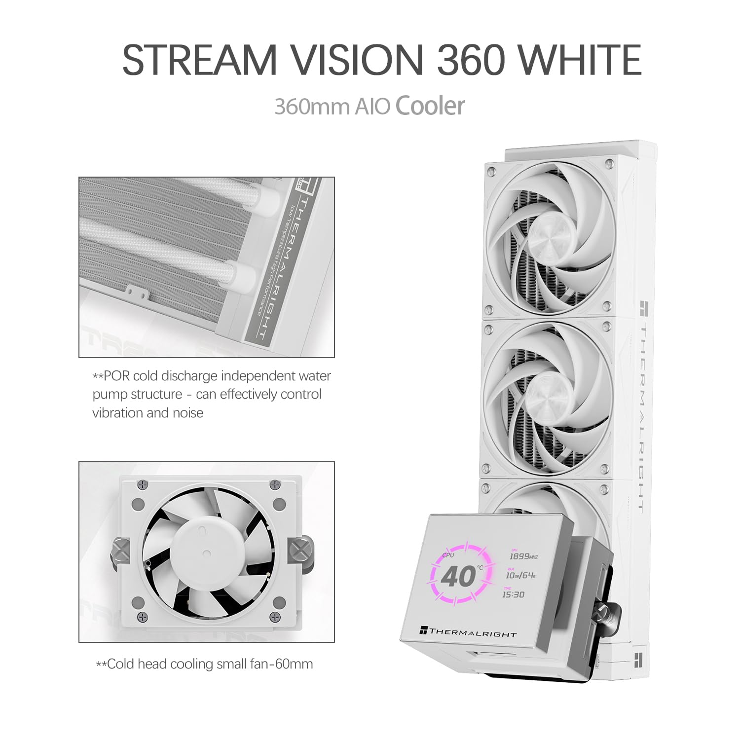 TR-Thermalright Stream Vision 360 - Raffreddatore CPU liquido bianco, schermo LCD IPS da 3,5 pollici con risoluzione 680 x 480, magnetico, testa fredda con ventola incorporata integrata, radiatore da
