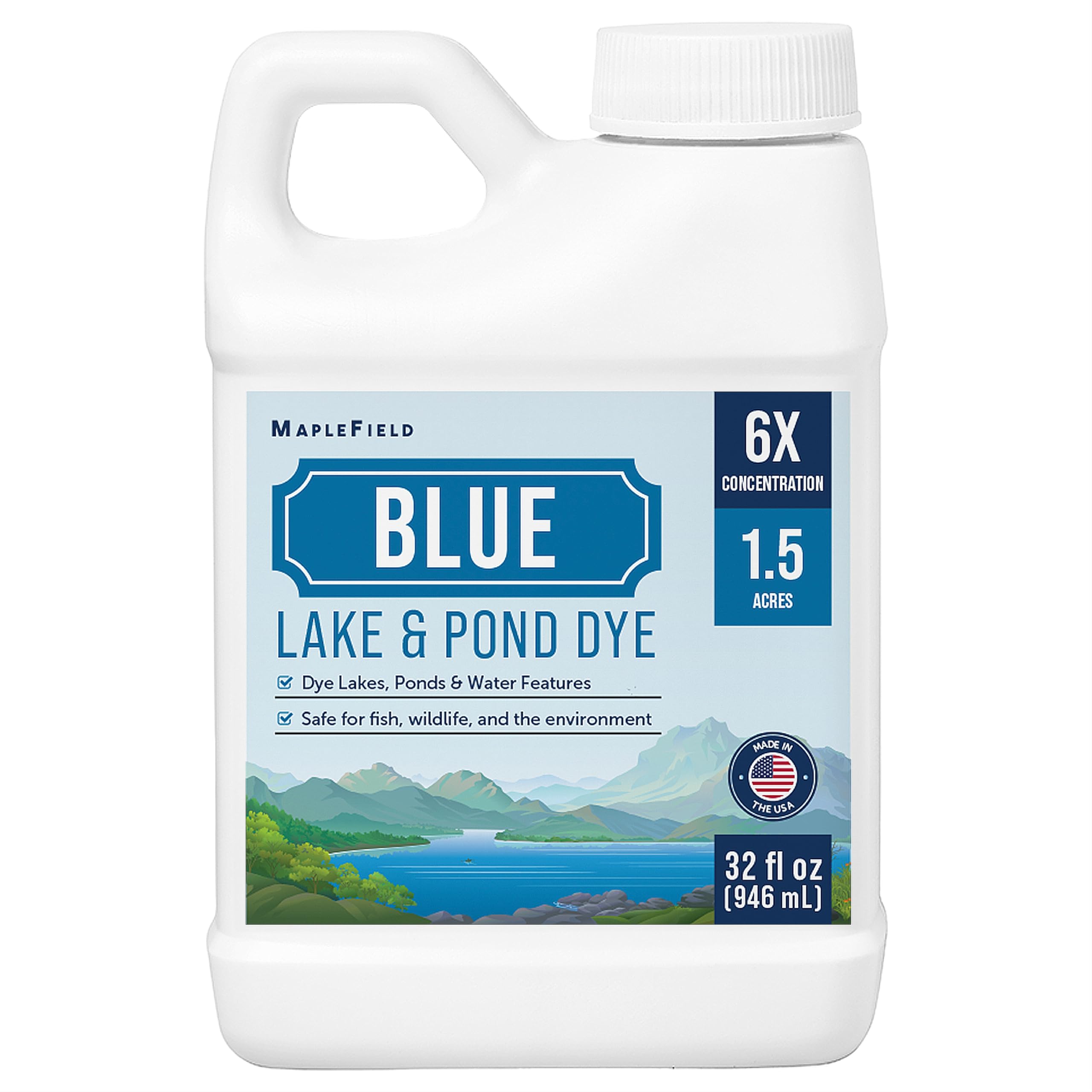 Maplefield 6X Concentrated Blue Pond & Lake Dye - Long-Lasting Color Treats 1.5 Acres per Gallon Pond Dye Concentrate - Fish-Friendly, Easy-Apply Water Feature Color - 32 Fl Oz, Pack of 1